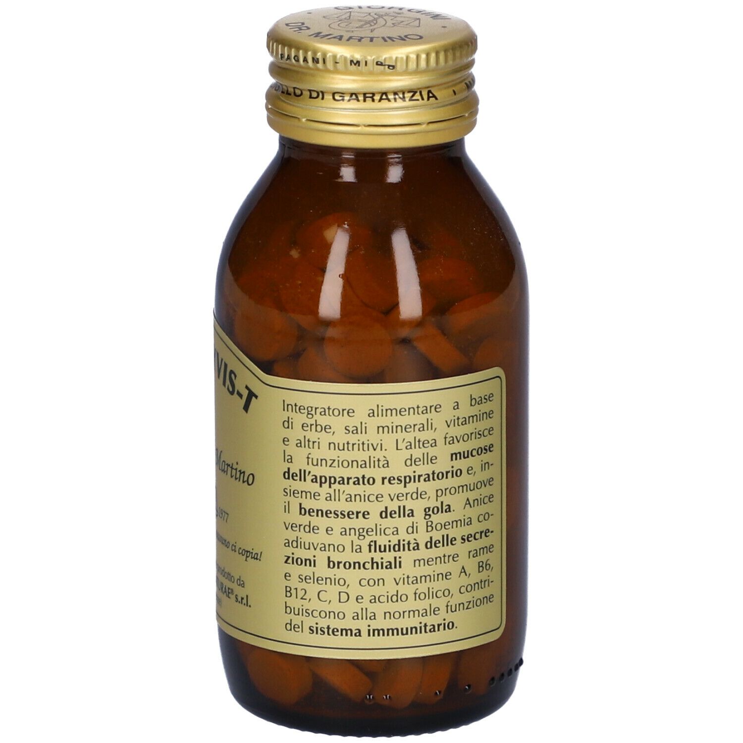 Flacone di vetro marrone con pastiglie e tappo dorato. Scritta: Allergyvis-T, Giorgini Dr. Martino. Retro con testo.