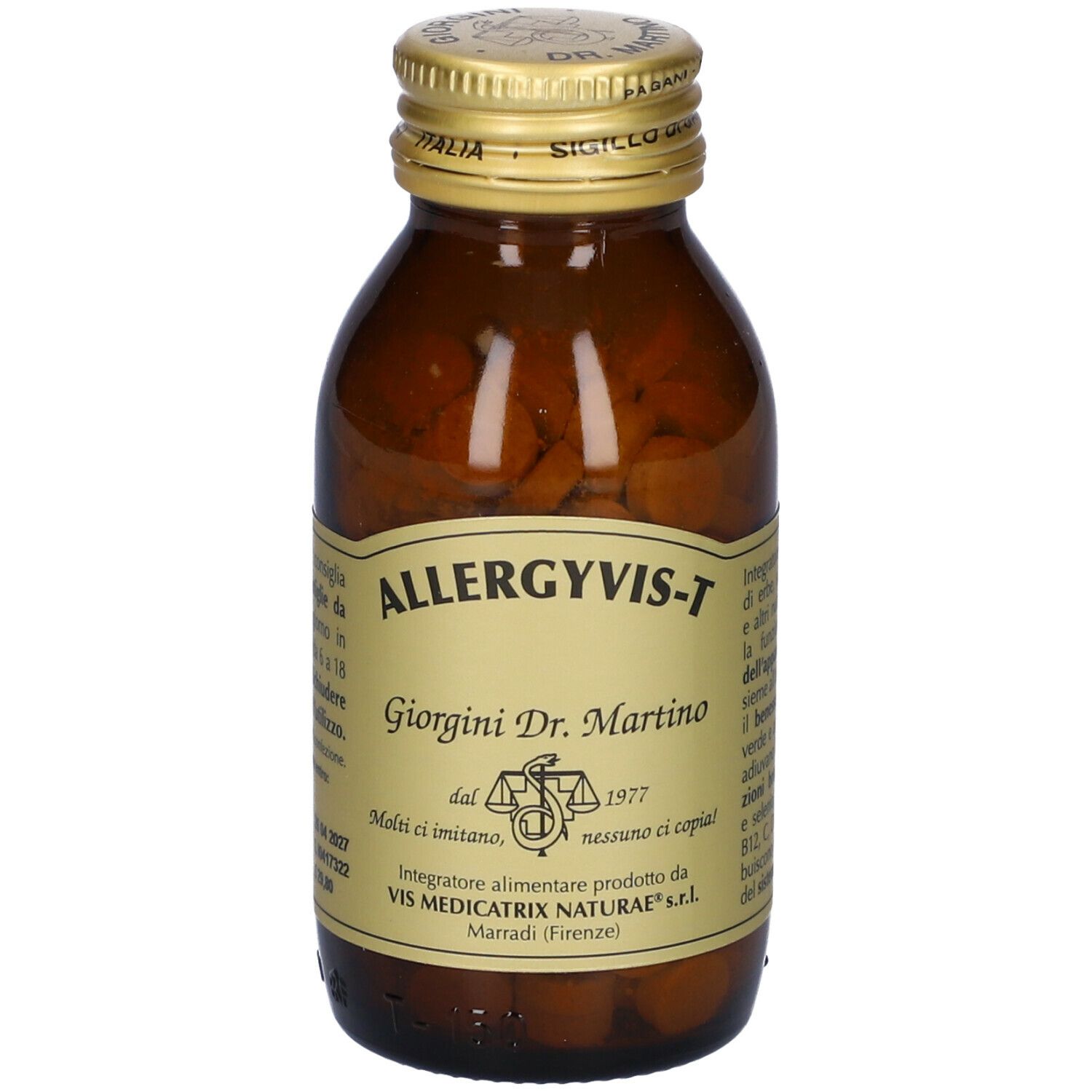 Flacone di vetro marrone con pastiglie e tappo dorato. Scritta: Allergyvis-T, Giorgini Dr. Martino. Retro con testo.