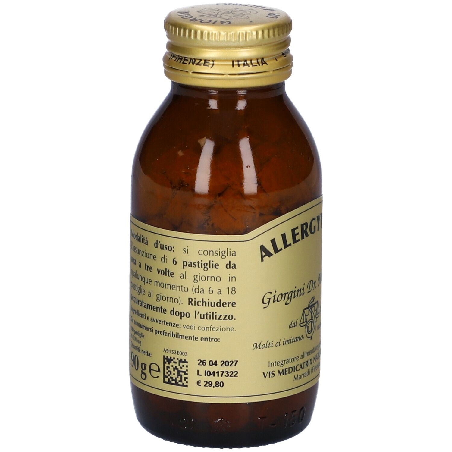Flacone di vetro marrone con pastiglie e tappo dorato. Scritta: Allergyvis-T, Giorgini Dr. Martino. Retro con testo.