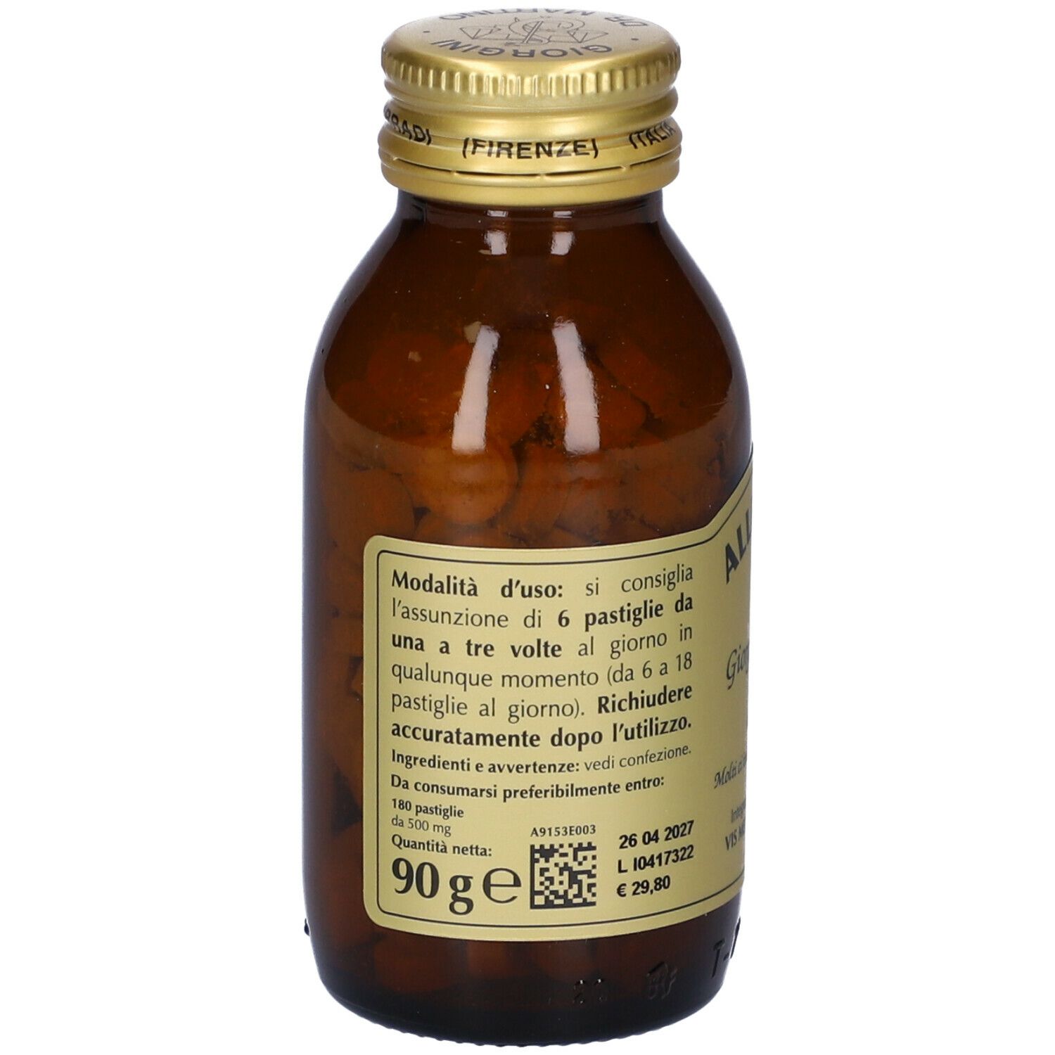 Flacone di vetro marrone con pastiglie e tappo dorato. Scritta: Allergyvis-T, Giorgini Dr. Martino. Retro con testo.