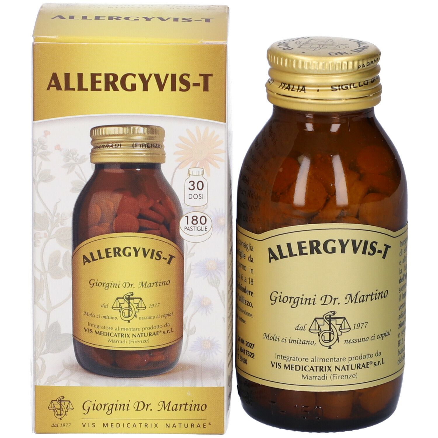 Confezione del prodotto con flacone in vetro marrone e pastiglie. Scritta: Allergyvis-T, Giorgini Dr. Martino. 180 pastiglie.