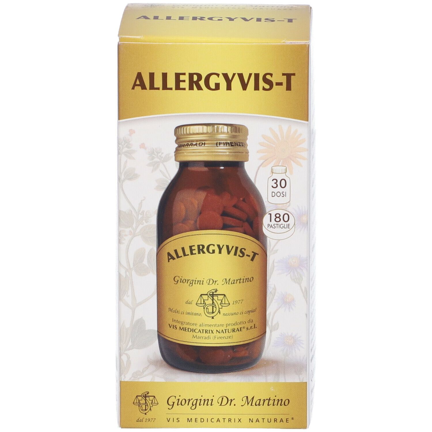 Confezione del prodotto con flacone in vetro marrone e pastiglie. Scritta: Allergyvis-T, Giorgini Dr. Martino. 180 pastiglie.