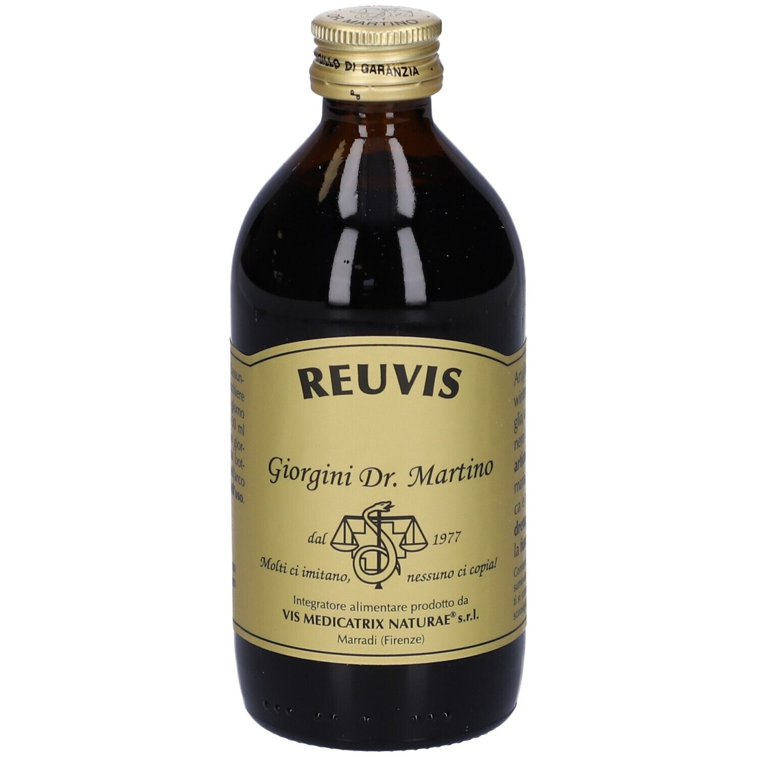 Bottiglia di vetro marrone Reuvis. Etichetta dorata con scritta Reuvis, Giorgini Dr. Martino e logo. Tappo dorato.
