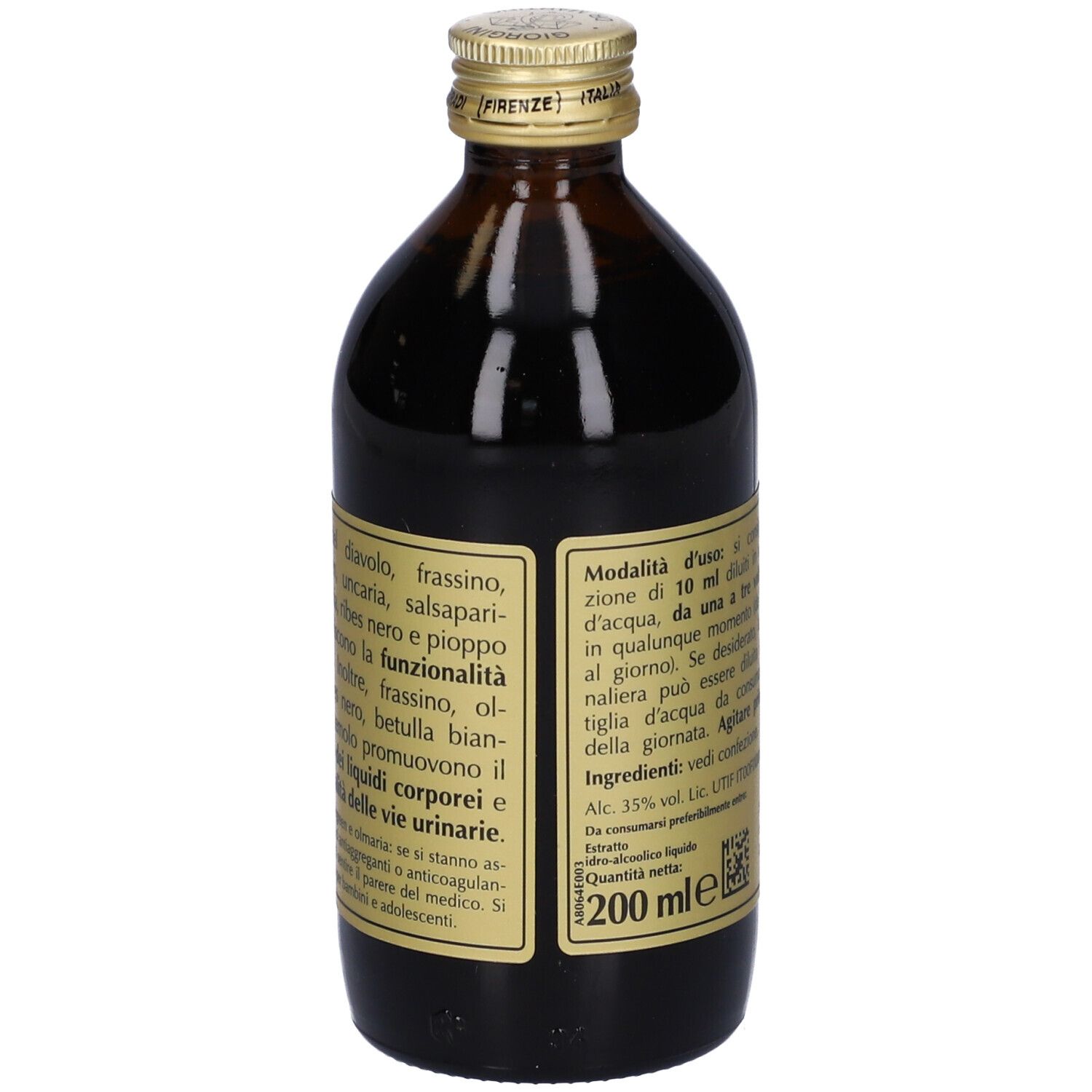 Bottiglia Reuvis. Etichetta con ingredienti e istruzioni per l'uso. Bottiglia di vetro marrone con tappo dorato. 200 ml.