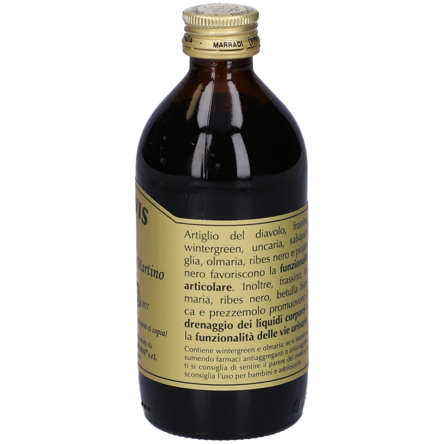 Bottiglia Reuvis. Etichetta con ingredienti. Bottiglia di vetro marrone con tappo dorato. Scritta Giorgini Dr. Martino.