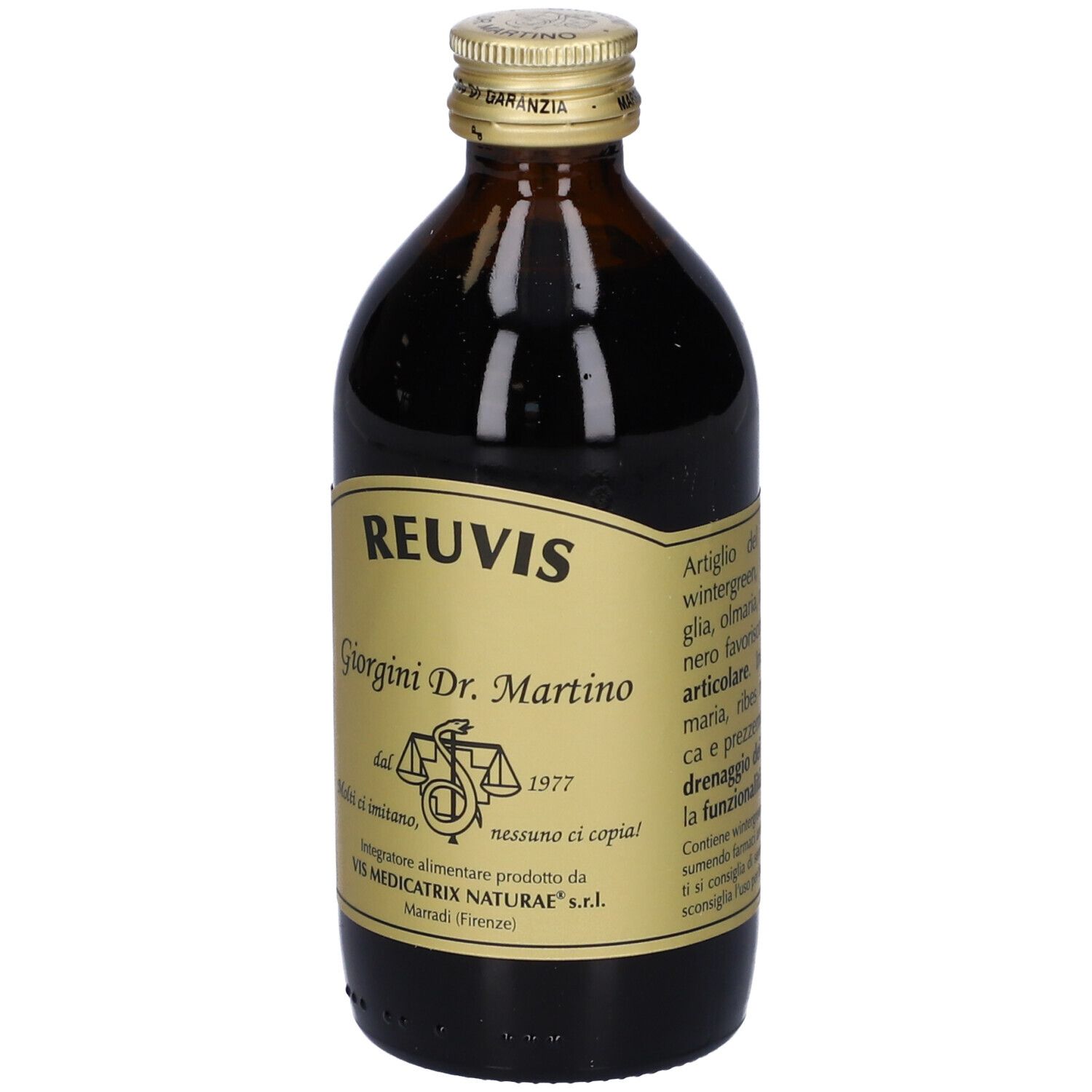 Bottiglia Reuvis. Etichetta dorata con scritta Reuvis, Giorgini Dr. Martino e logo. Bottiglia di vetro marrone con tappo dorato.