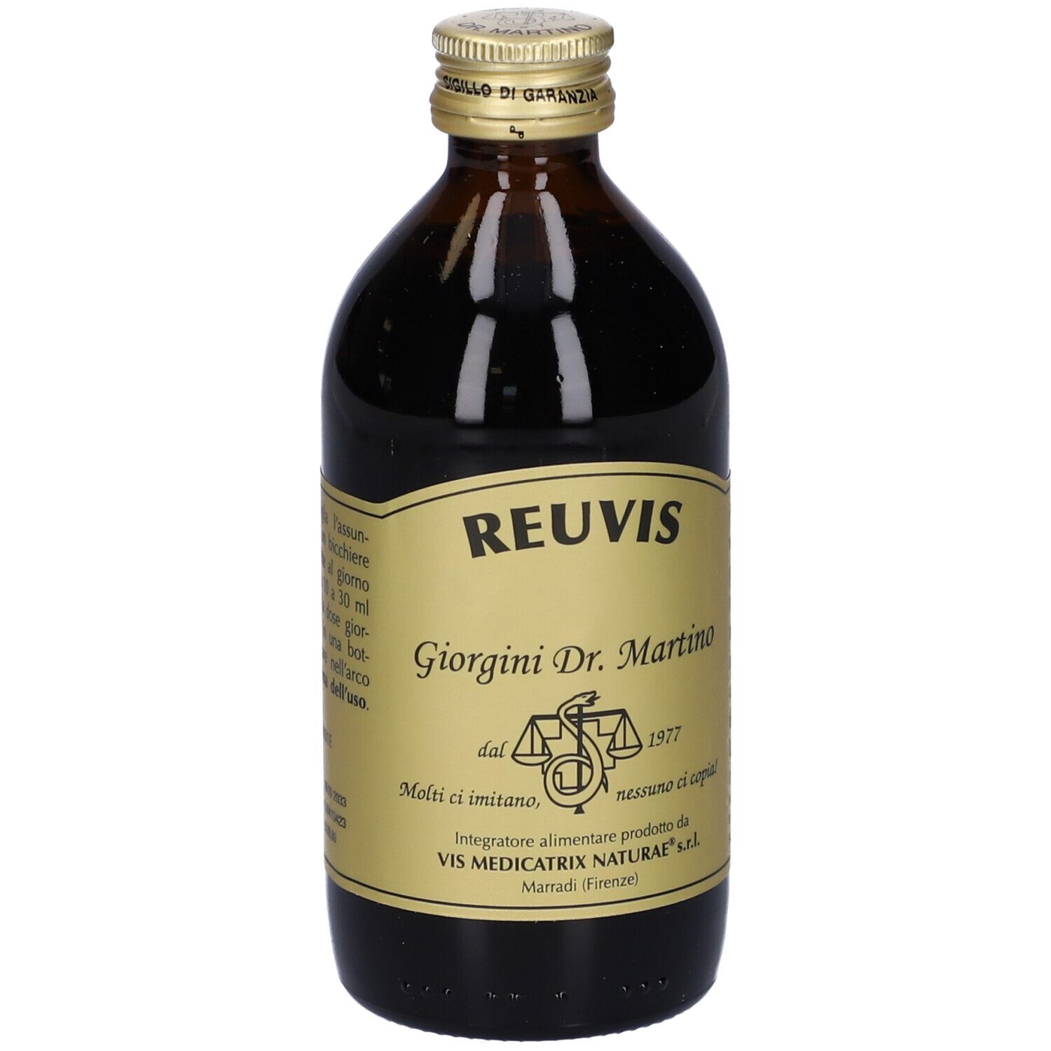 Bottiglia Reuvis. Etichetta dorata con scritta Reuvis, Giorgini Dr. Martino e logo. Bottiglia di vetro marrone con tappo dorato.