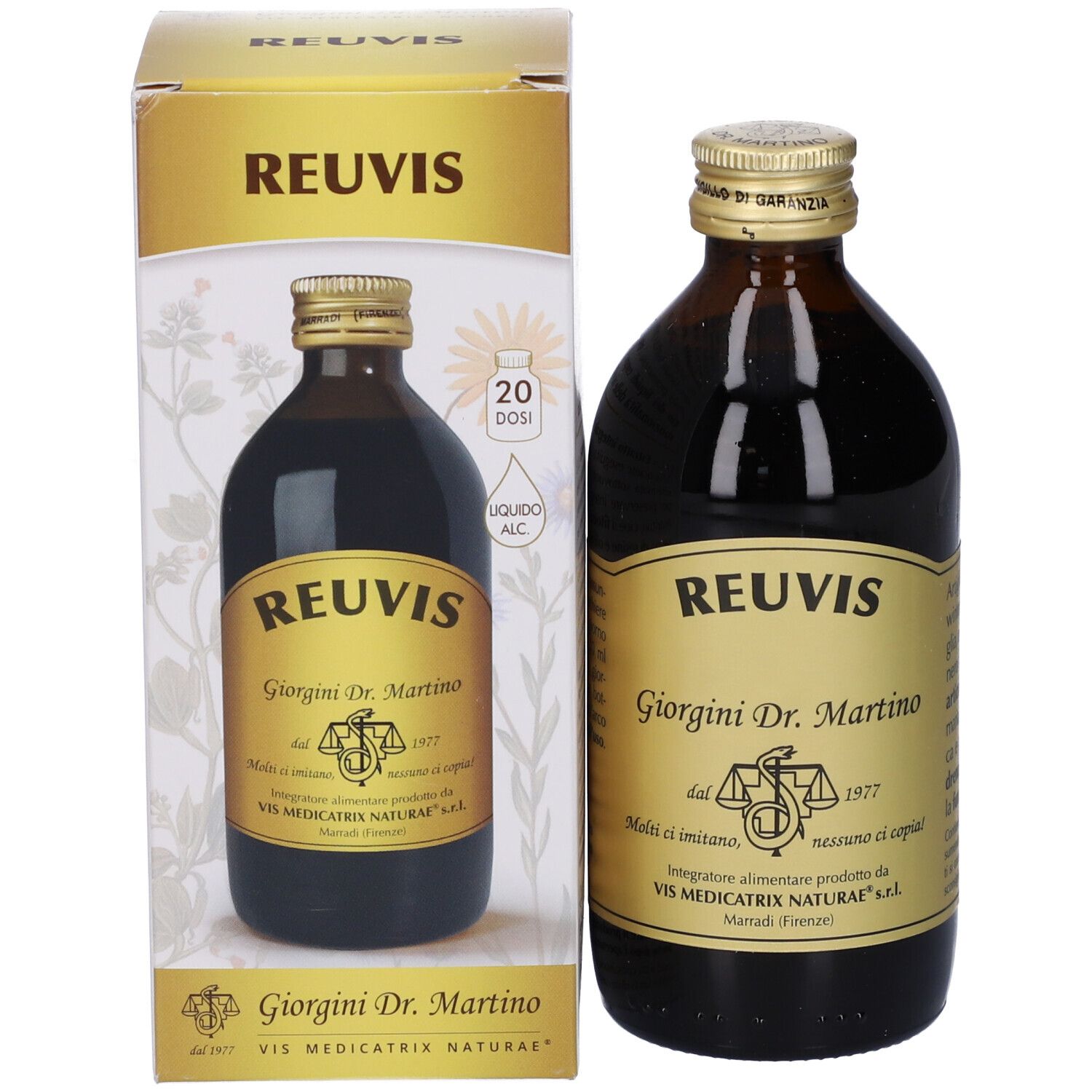 Due bottiglie di Reuvis con confezione. Bottiglie di vetro marrone con etichette dorate. Scritta Reuvis e Giorgini Dr. Martino.