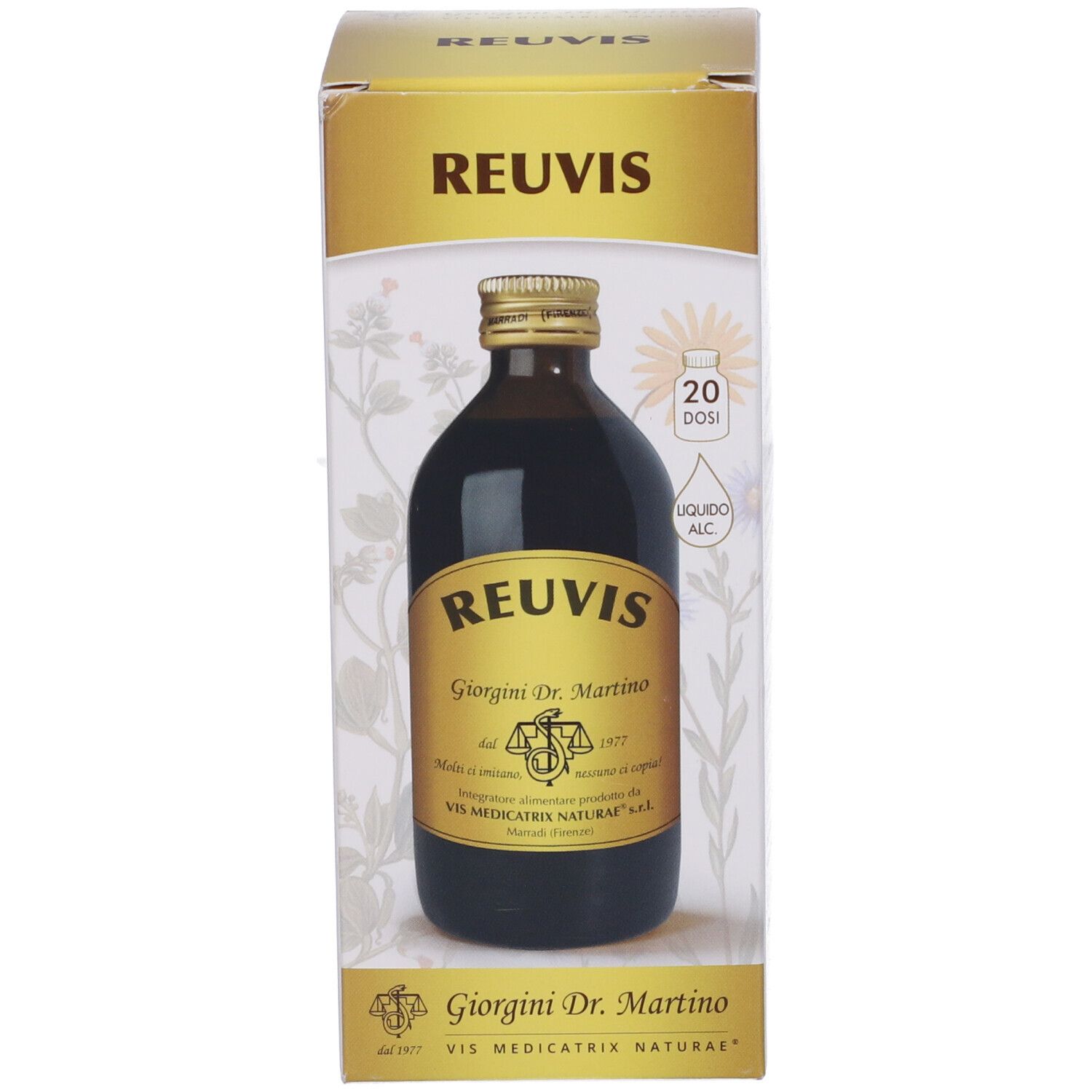 Bottiglia Reuvis in confezione. Bottiglia di vetro marrone con etichetta dorata. Scritta Reuvis e Giorgini Dr. Martino. 20 dosi.