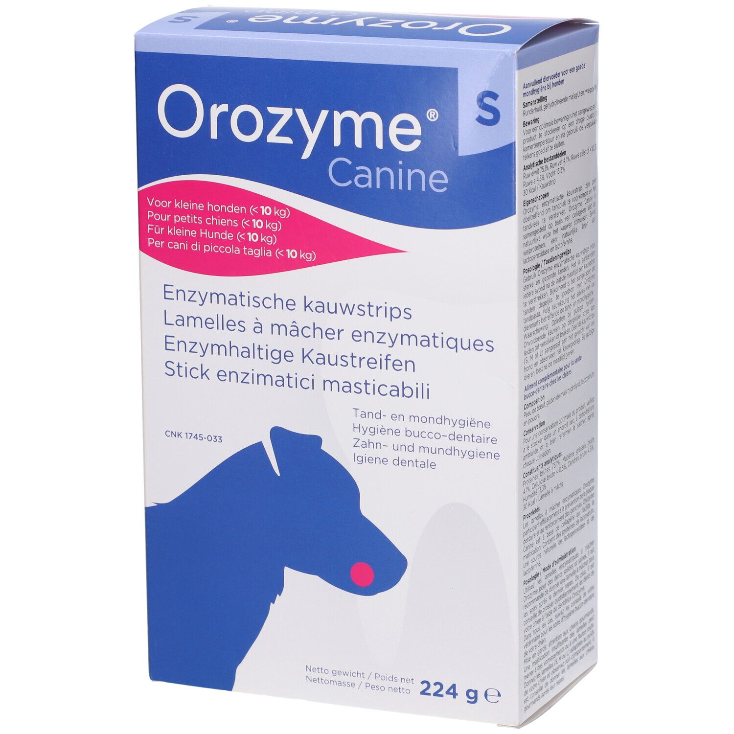 Confezione Orozyme Canine. Contiene stick enzimatici masticabili. Per cani di piccola taglia (< 10 kg). Peso: 224 g.