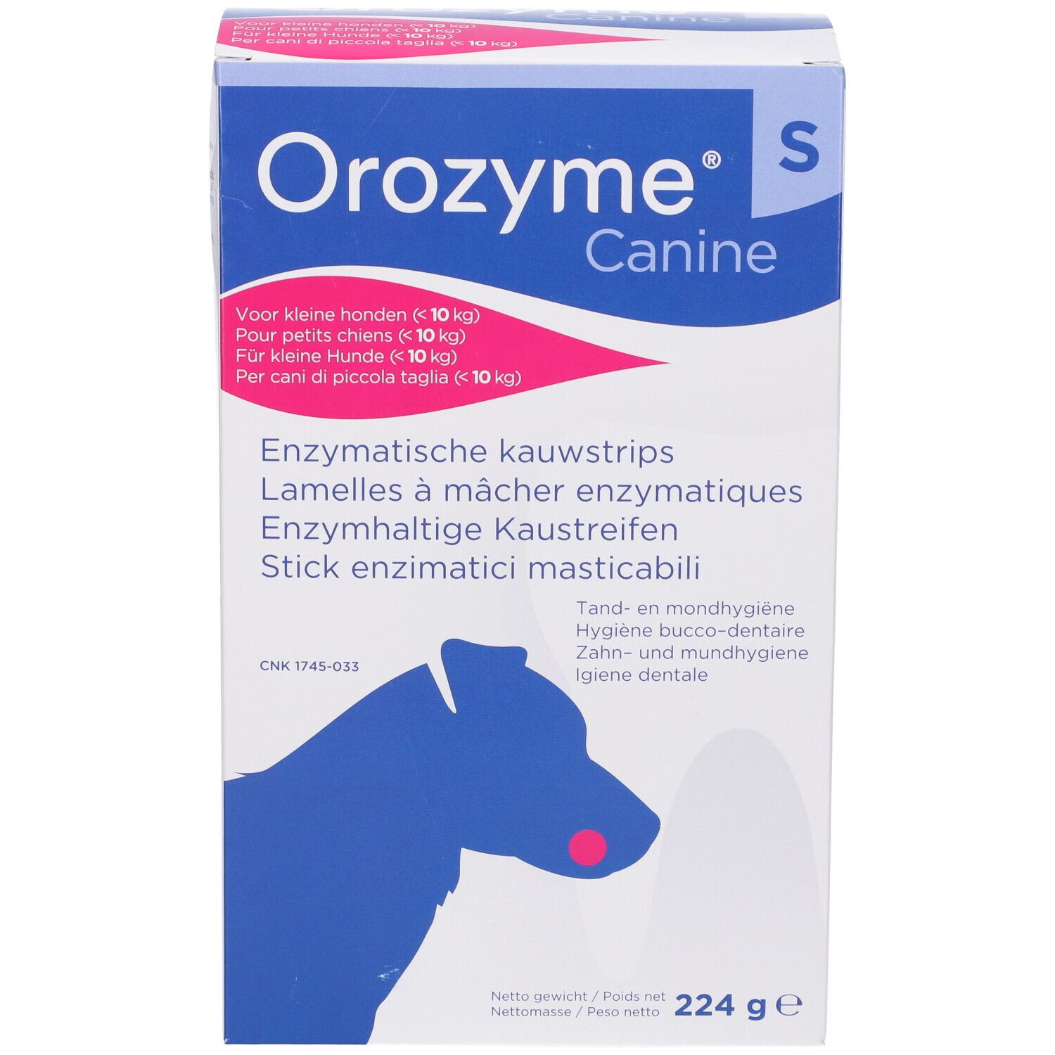 Confezione Orozyme Canine. Contiene stick enzimatici masticabili. Per cani di piccola taglia (< 10 kg). Peso: 224 g.