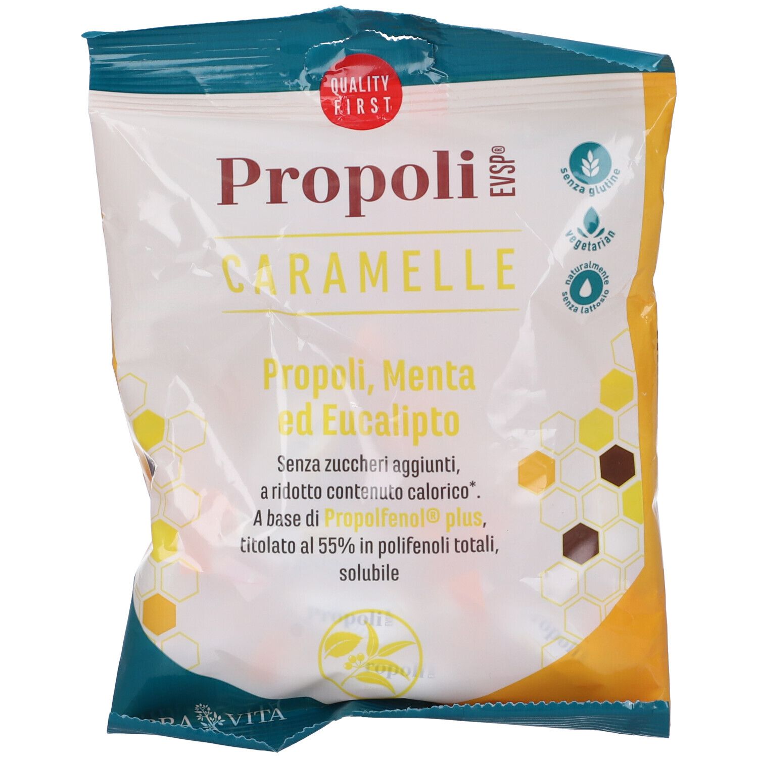 Confezione di "Propoli Caramelle". Testo: Propoli, Menta ed Eucalipto. Marchio di qualità. Confezione verde e gialla.