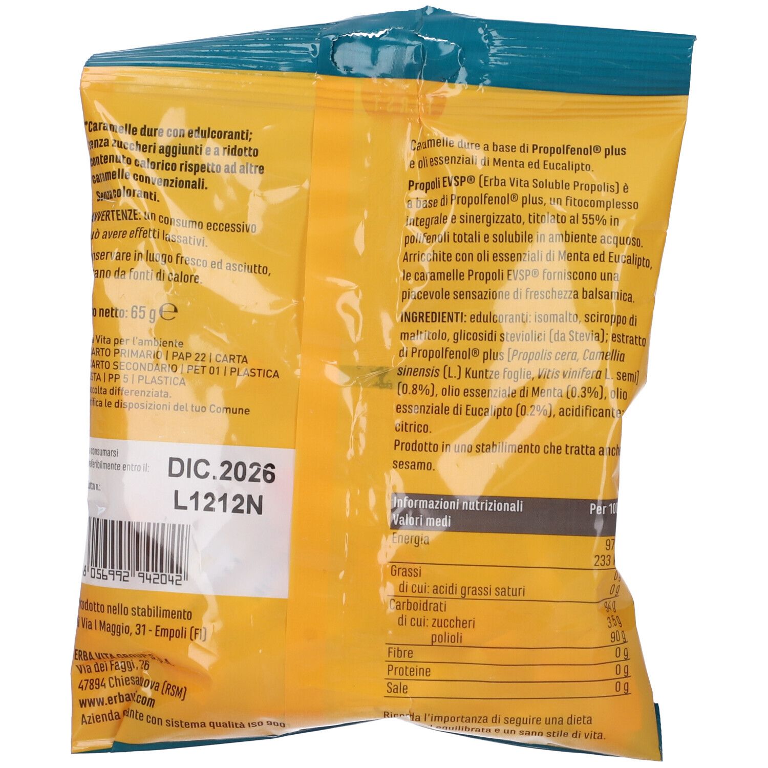 Retro della confezione. Testo: Propoli Caramelle. Ingredienti, informazioni nutrizionali. Sfondo giallo.