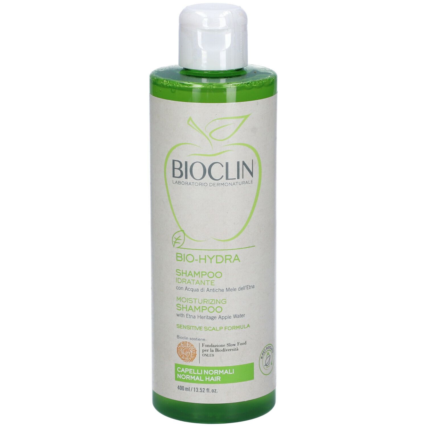 BIOCLIN Bio-Hydra Shampoo. Bottiglia verde con tappo bianco. Scritta: Shampoo, Bio-Hydra, logo mela. Per capelli normali.
