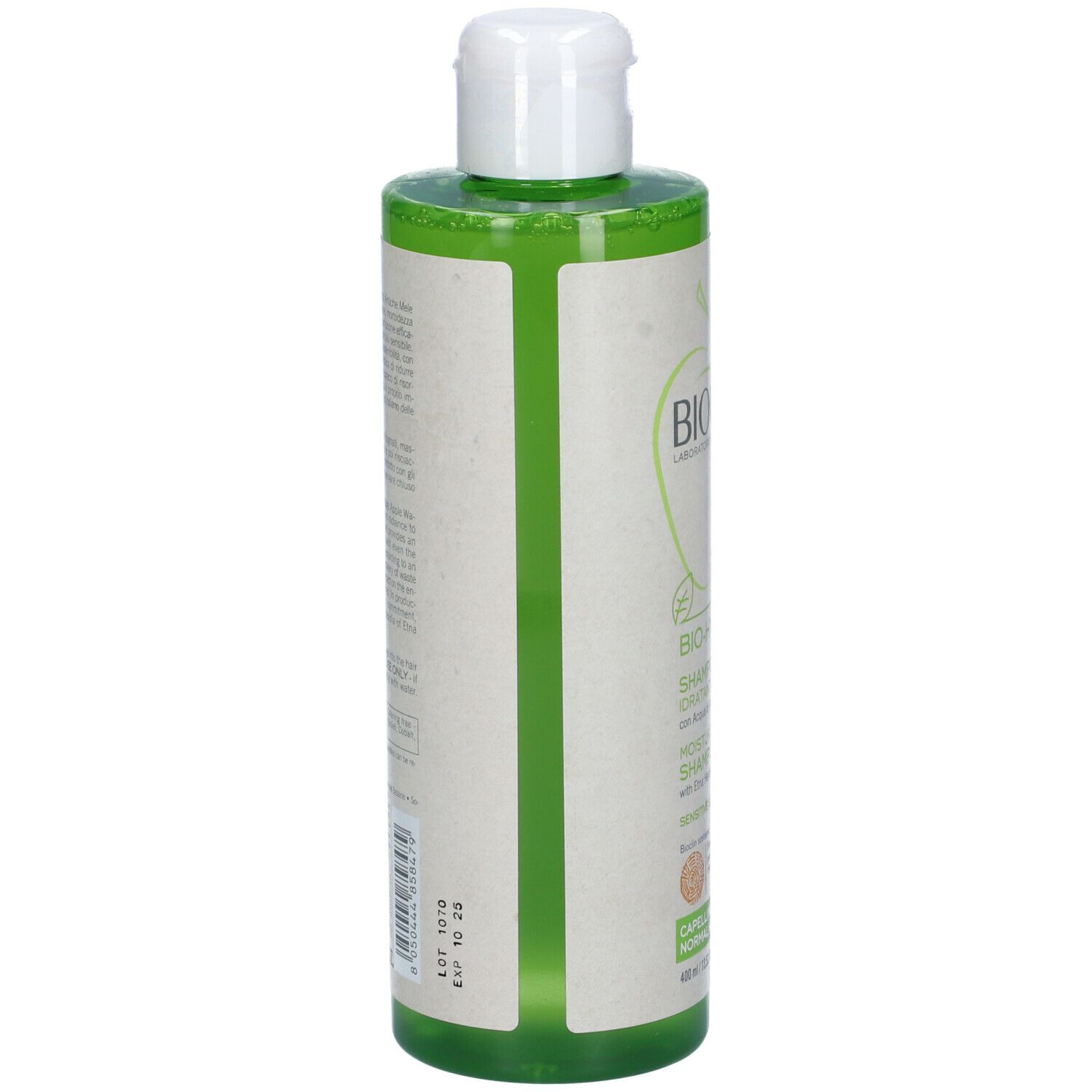 BIOCLIN Bio-Hydra Shampoo. Retro della bottiglia verde. Sezioni di testo, numero di lotto e data di scadenza. Sfondo bianco.