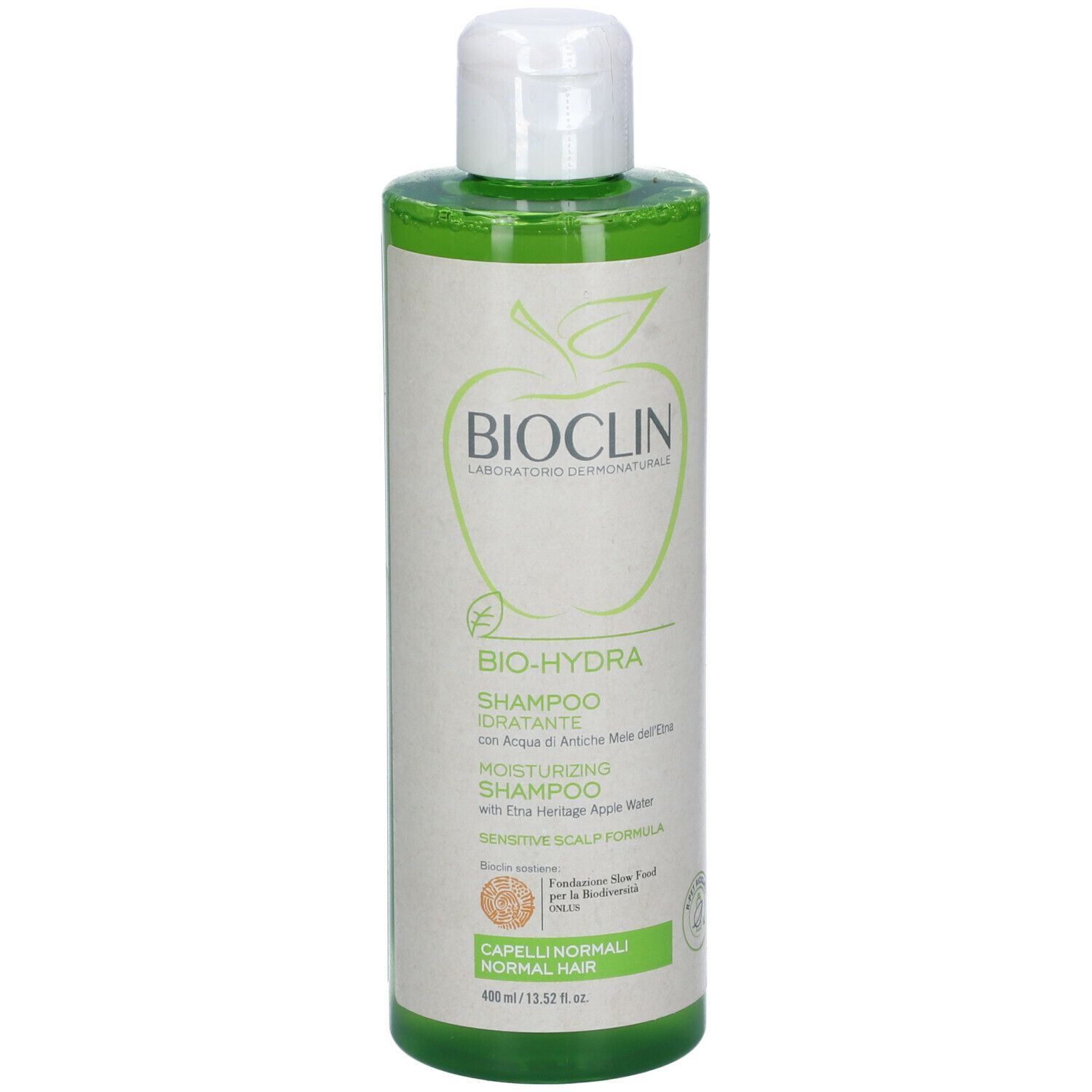 BIOCLIN Bio-Hydra Shampoo. Bottiglia verde con tappo bianco. Scritta: Shampoo, Bio-Hydra, logo mela. Per capelli normali.
