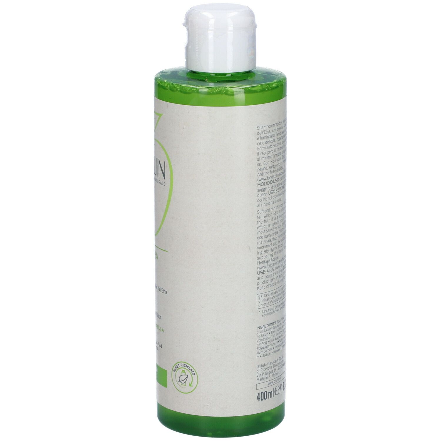 BIOCLIN Bio-Hydra Shampoo. Retro della bottiglia verde. Sezioni di testo e logo. Sfondo bianco.