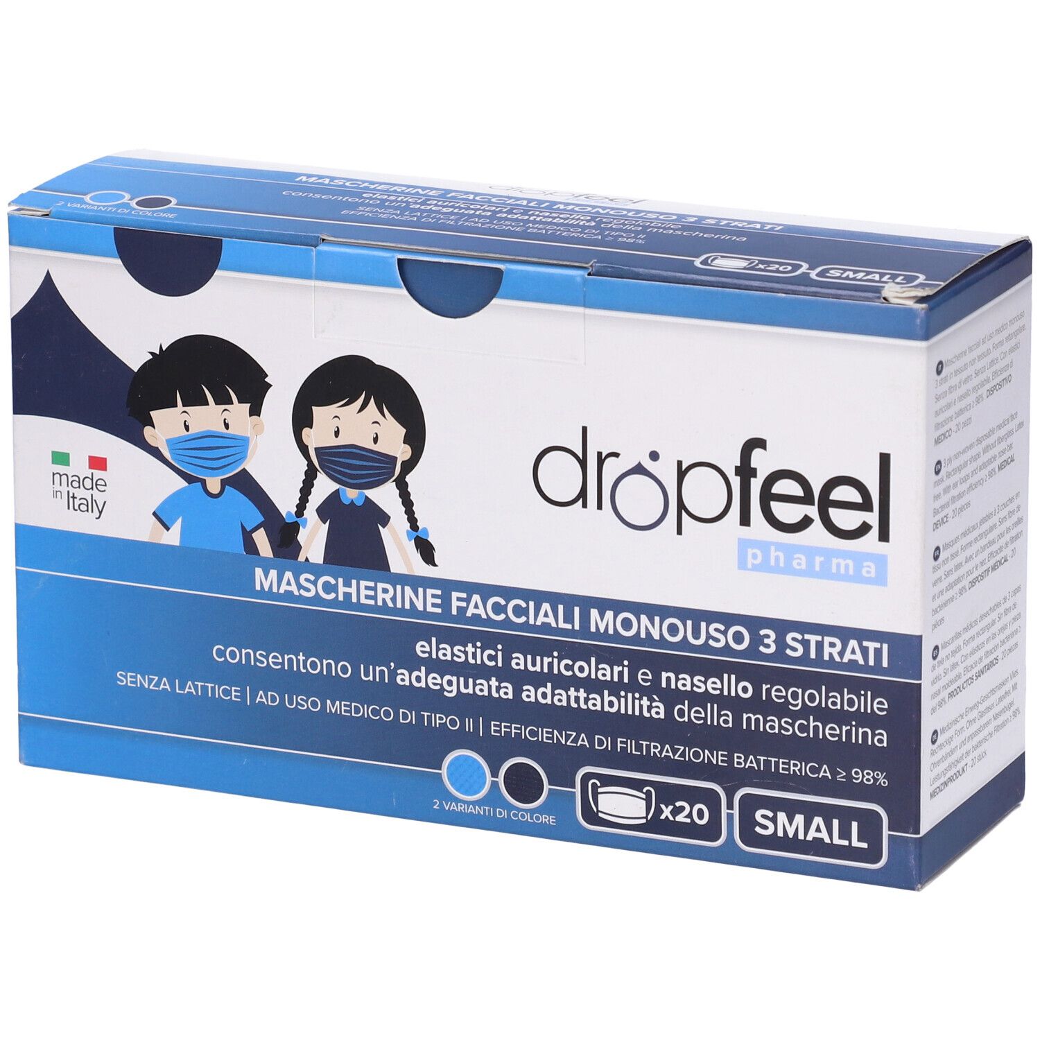 Mascherina Uso Medico Dropfeel Pharma Monouso Small Tipo Ii Blu Navy E Azzuro 20 Pezzi