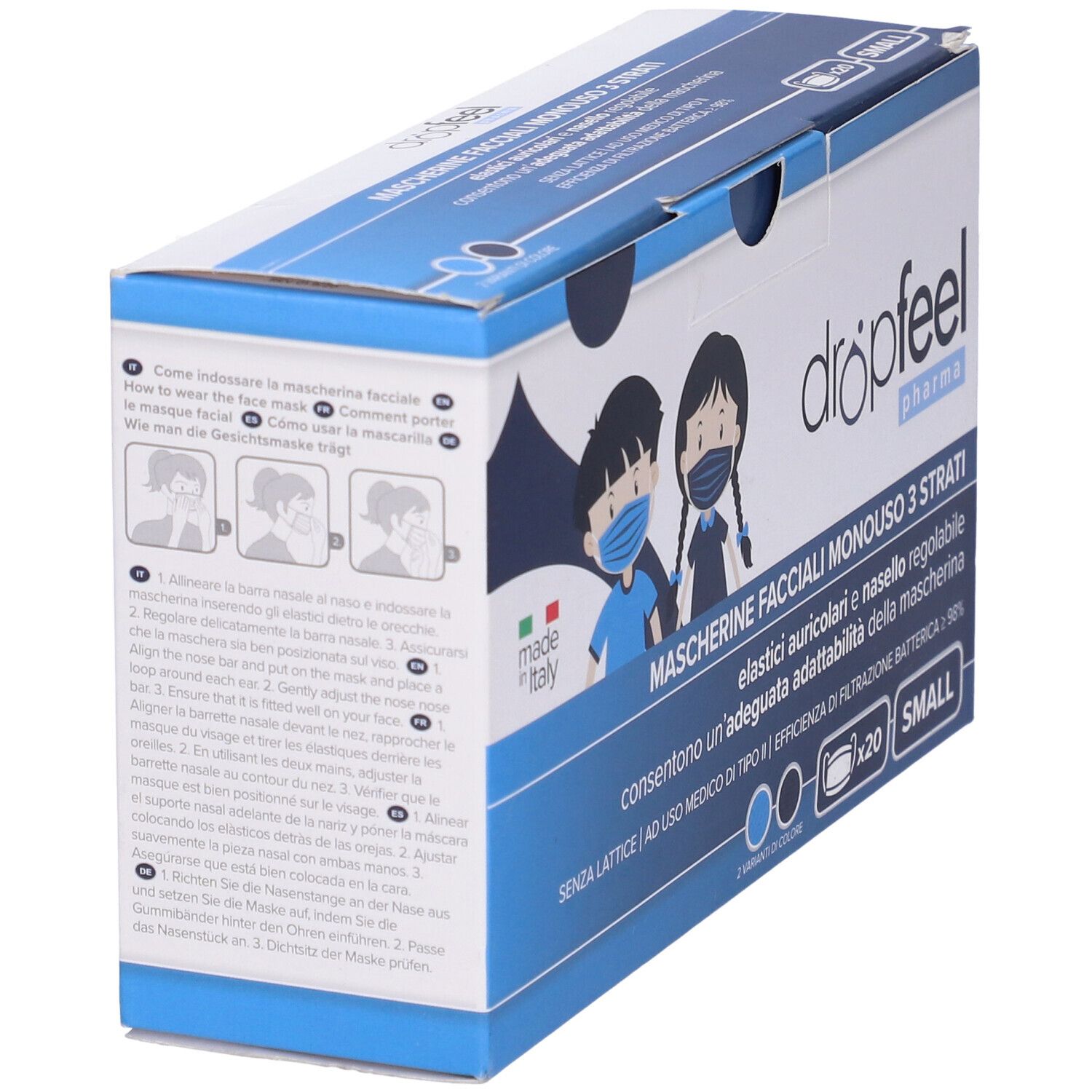 Mascherina Uso Medico Dropfeel Pharma Monouso Small Tipo Ii Blu Navy E Azzuro 20 Pezzi