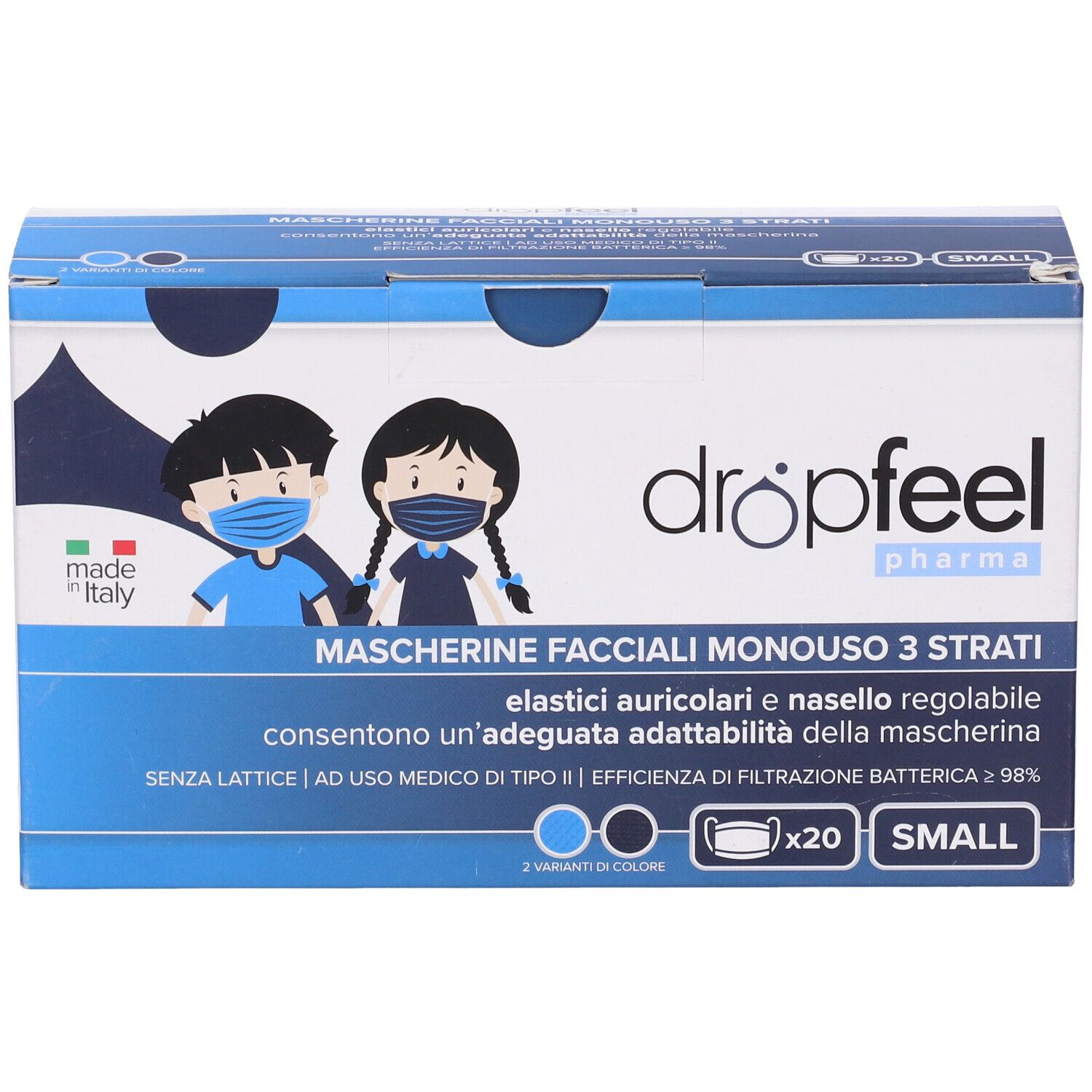 Mascherina Uso Medico Dropfeel Pharma Monouso Small Tipo Ii Blu Navy E Azzuro 20 Pezzi