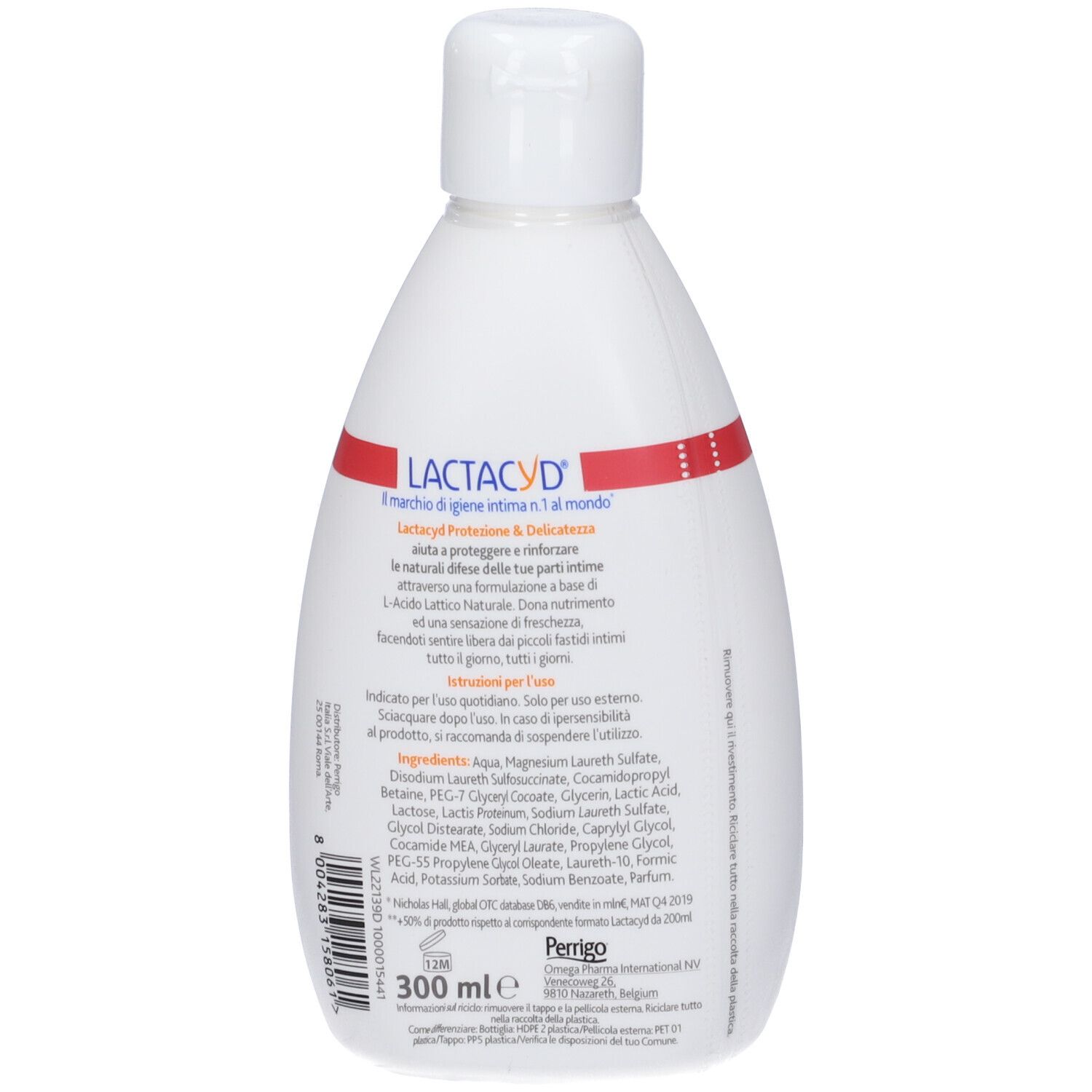 Flacone bianco con fascia rossa e nome prodotto Laktacyd. Testo: Protezione & Delicatezza, ingredienti, 300 ml, pH, dermatologicamente testato.