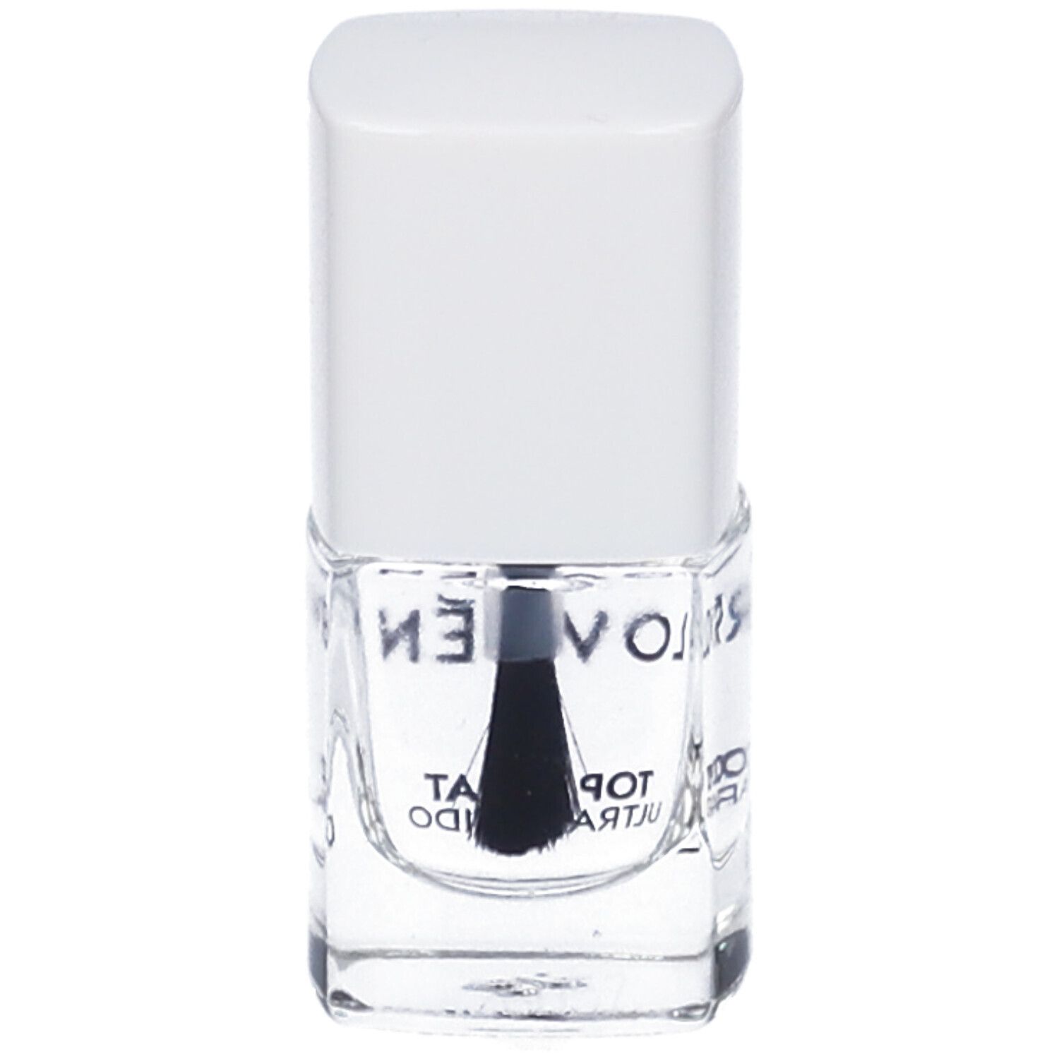 Flacone di smalto trasparente con tappo bianco. Scritta: LOVREN, TOP COAT ULTRARAPIDO. Pennello visibile.