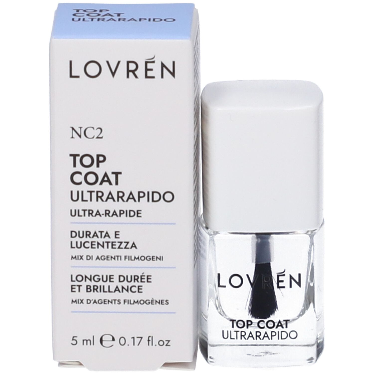 Flacone di smalto e confezione. Scritta: LOVREN, NC2 TOP COAT ULTRARAPIDO. 5 ml. Confezione blu e bianca.