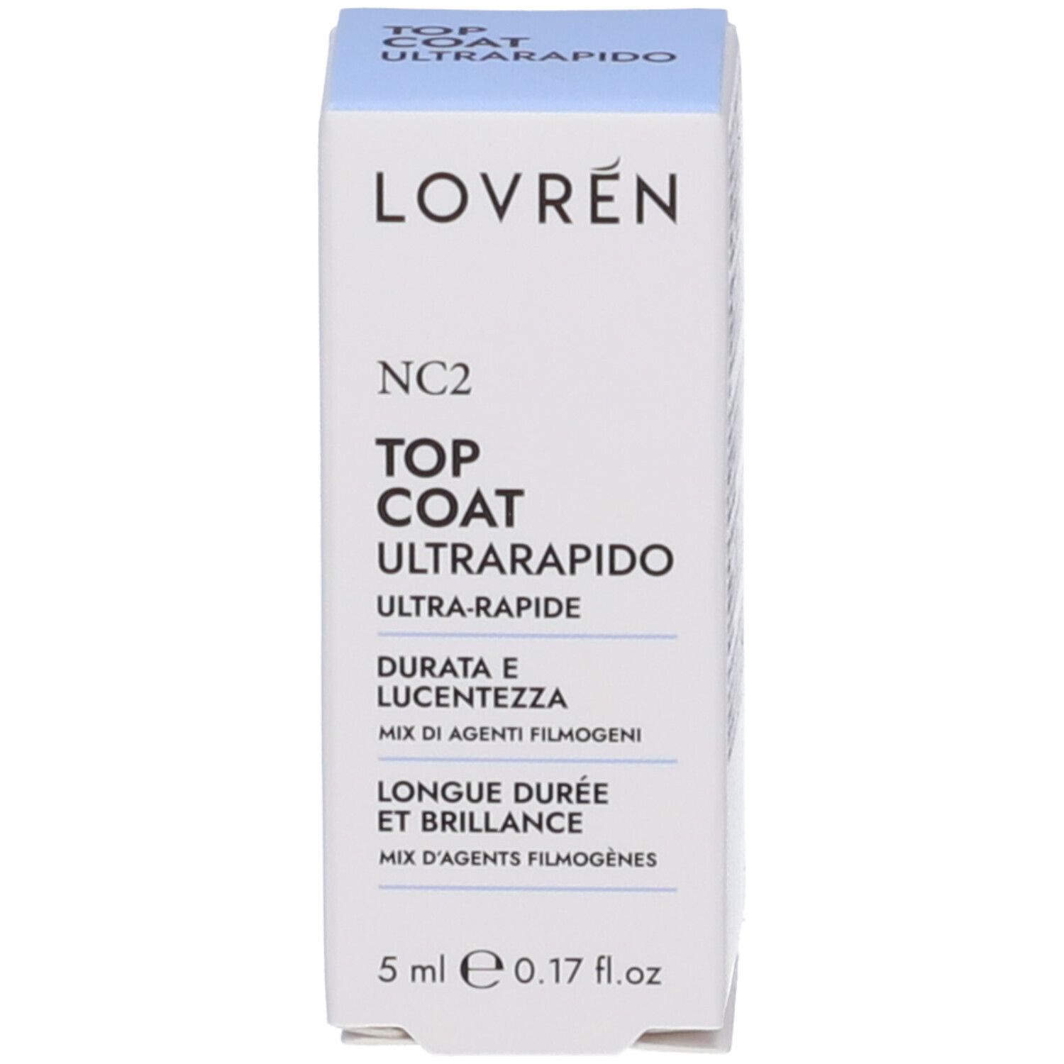 Confezione di smalto per unghie. Scritta: LOVREN, NC2 TOP COAT ULTRARAPIDO. 5 ml. Design blu e bianco.