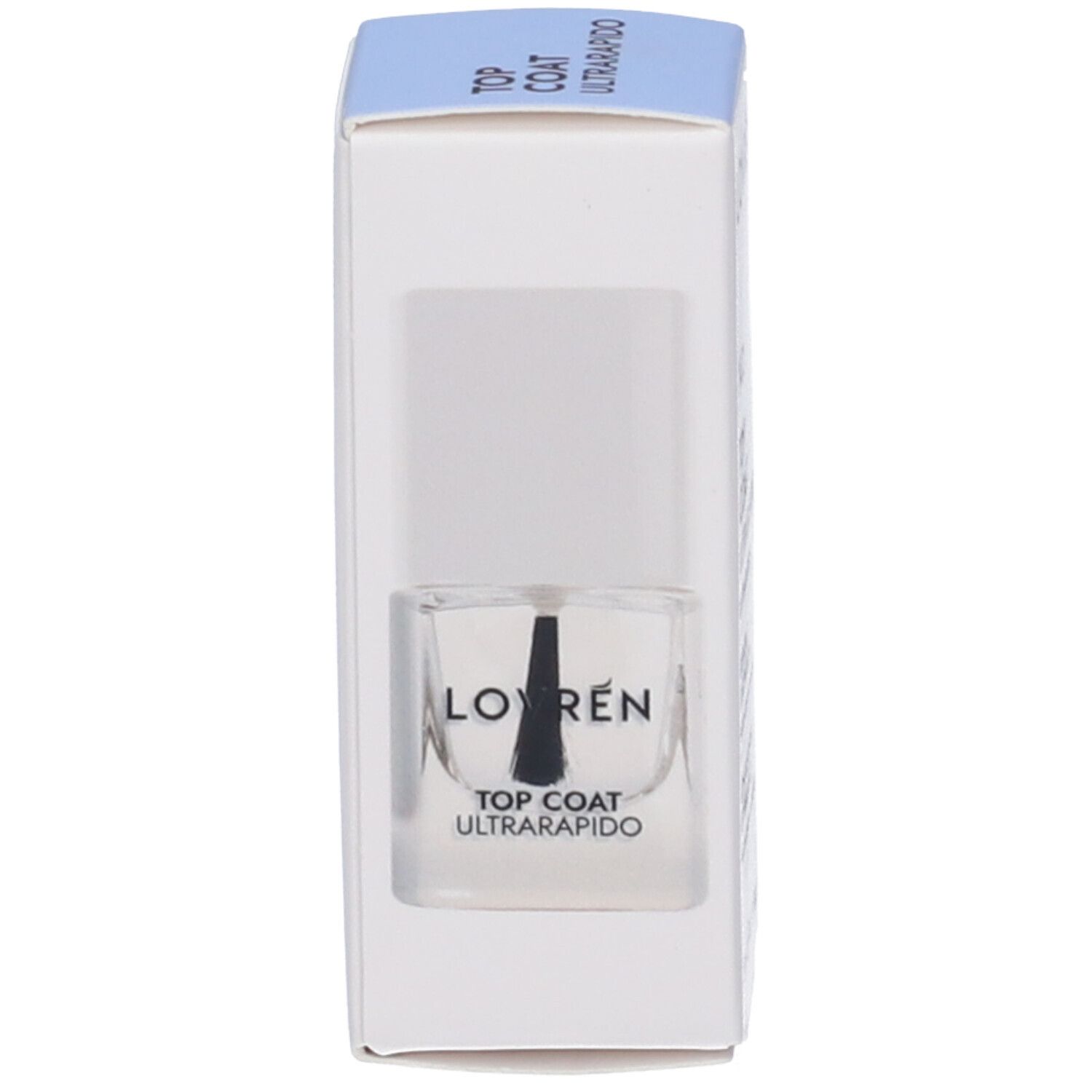Flacone di smalto nella confezione. Scritta: LOVREN, TOP COAT ULTRARAPIDO. Confezione blu e bianca.