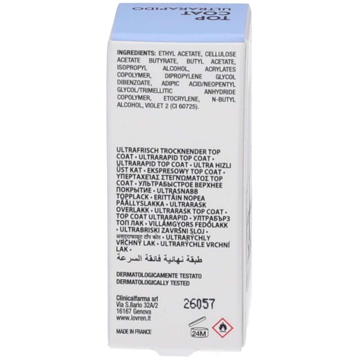 Retro della confezione. Ingredienti, istruzioni per l'uso multilingue. Dermatologicamente testato.