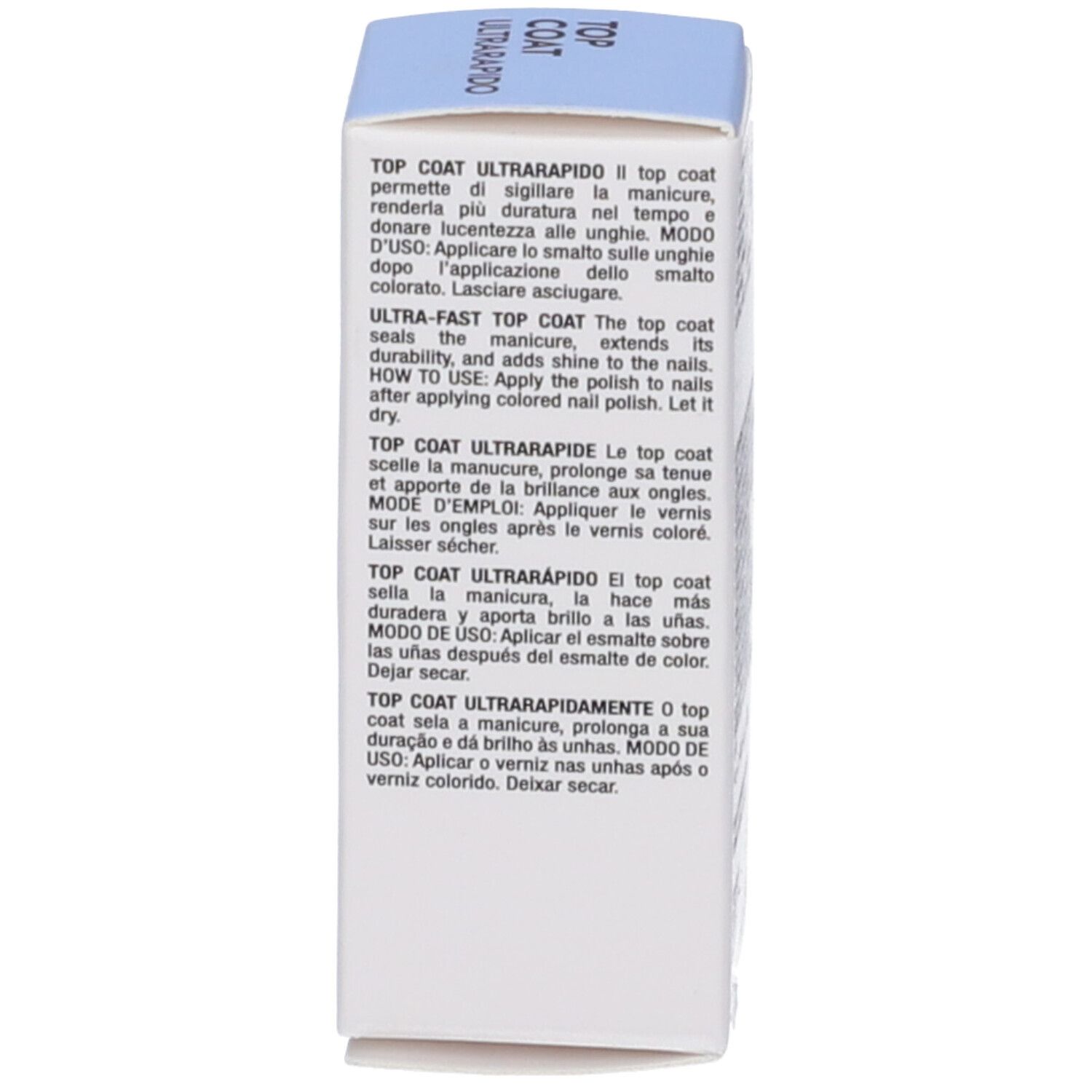 Retro della confezione. Istruzioni per l'uso multilingue. Dermatologicamente testato.