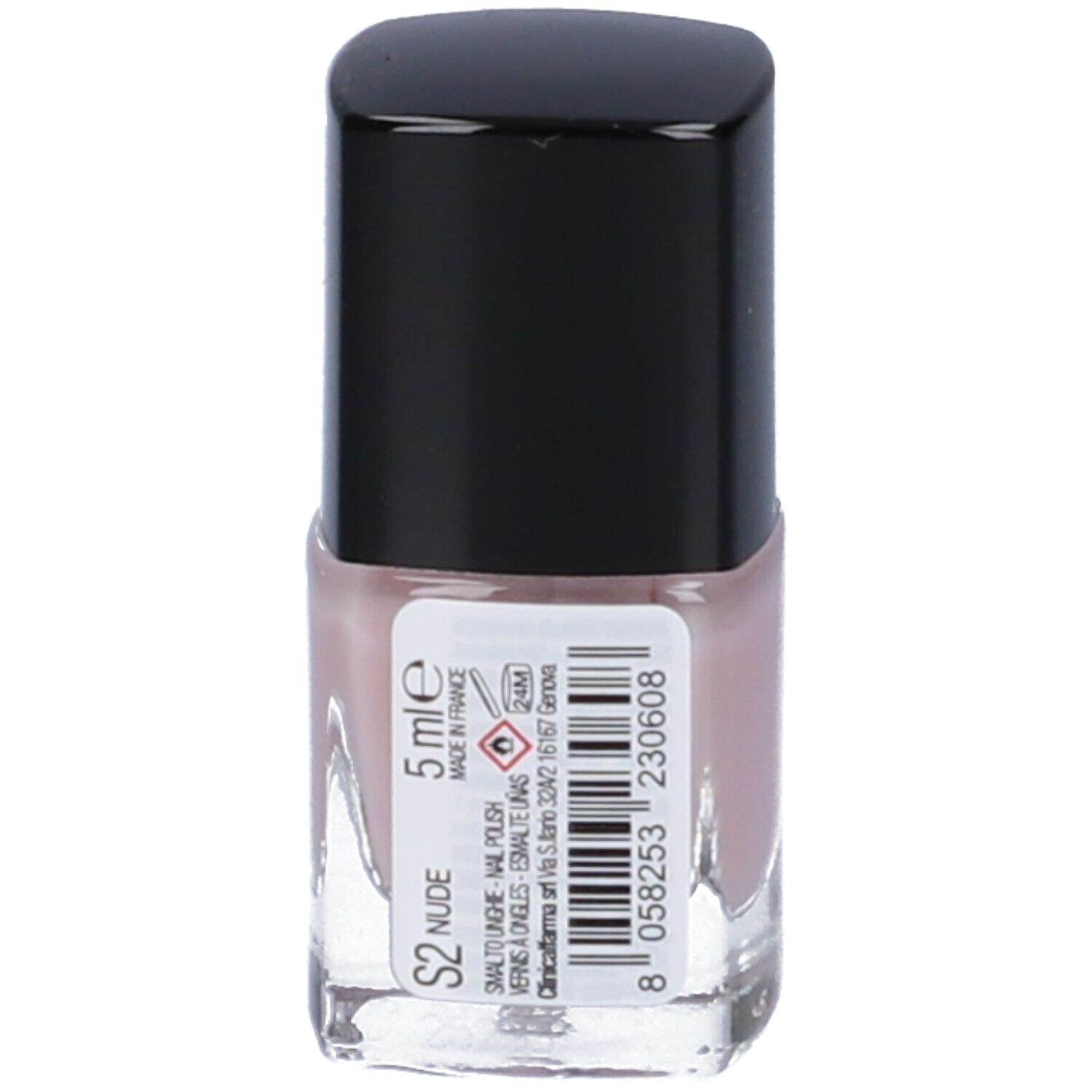 Flacone di smalto per unghie con tappo nero. Scritta: 5 ml, NUDE. Etichetta con informazioni.