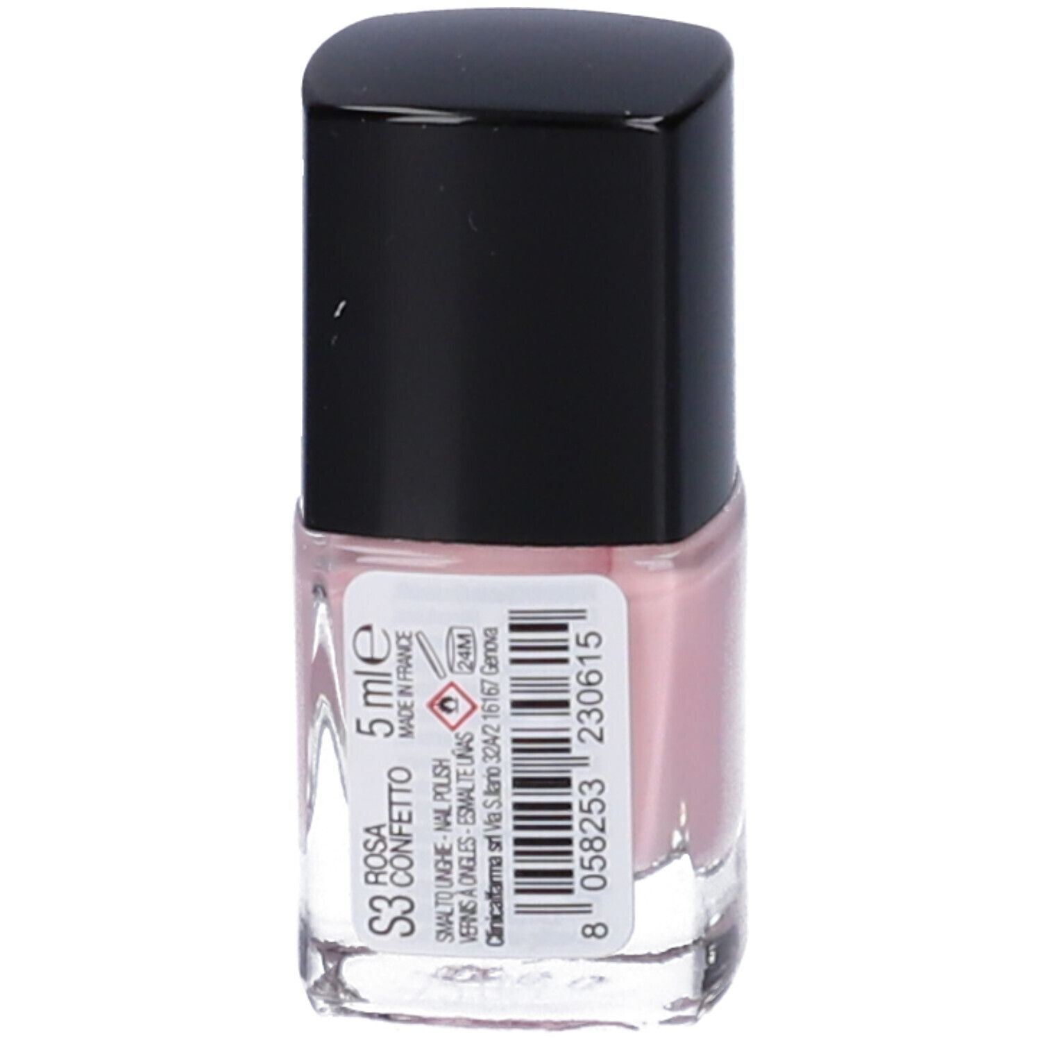 Flacone di smalto rosa con tappo nero. Etichetta con informazioni sul prodotto e codice a barre.