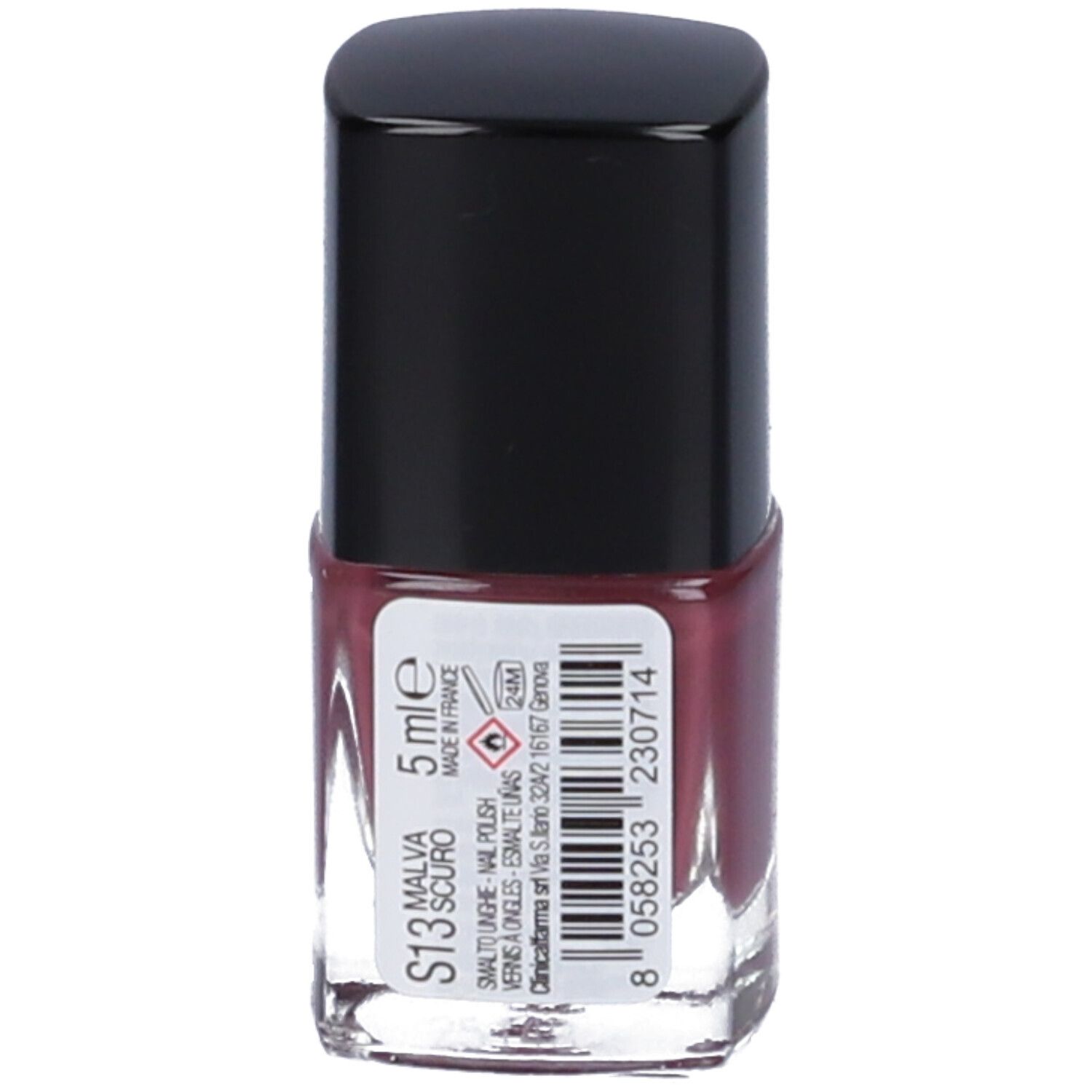 Flacone di smalto con tappo nero. Lo smalto è color malva. Etichetta con informazioni e codice a barre.