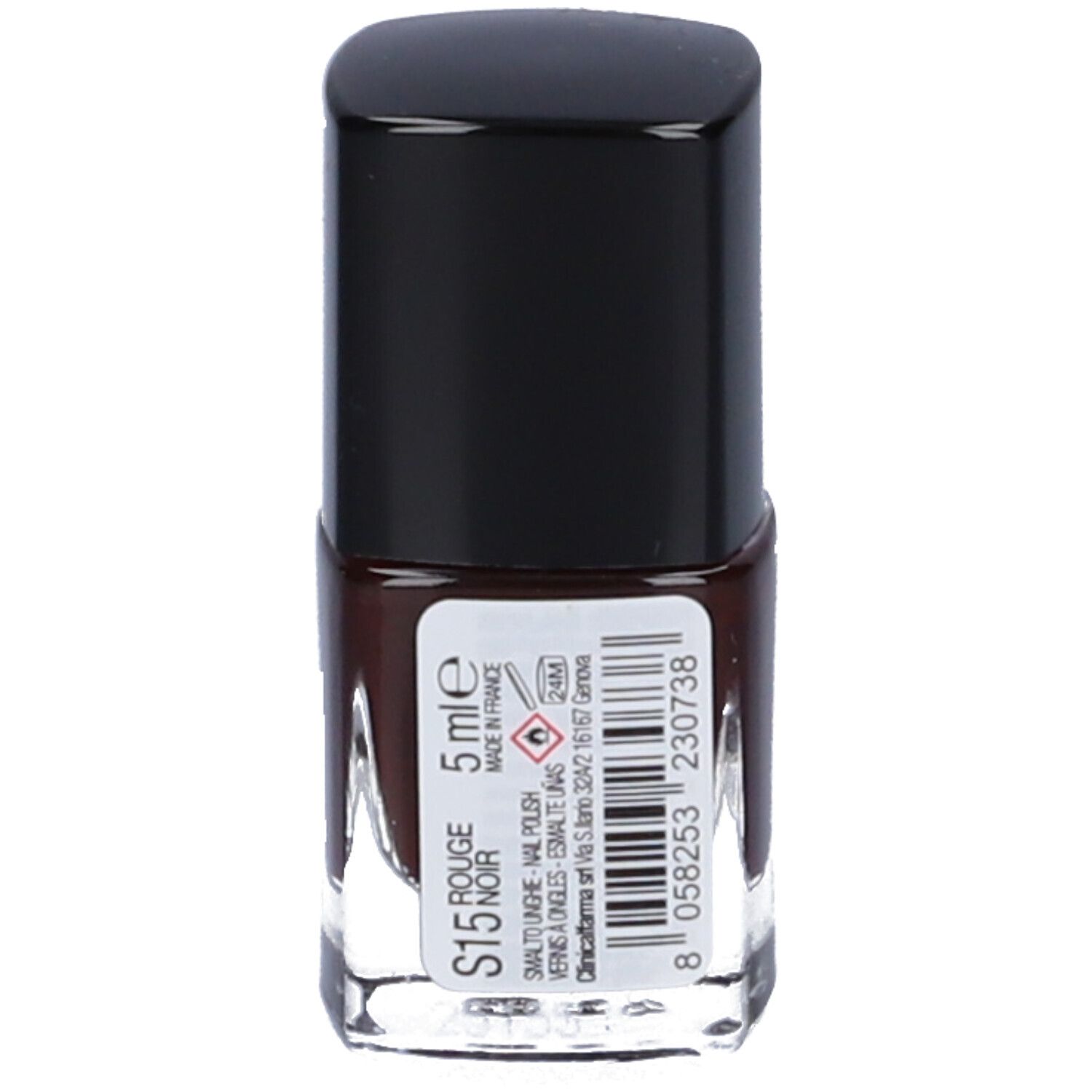 Flacone di smalto per unghie con tappo nero. Scritta: S15 ROUGE NOIR. 5 ml. Etichetta con testo e codice a barre.