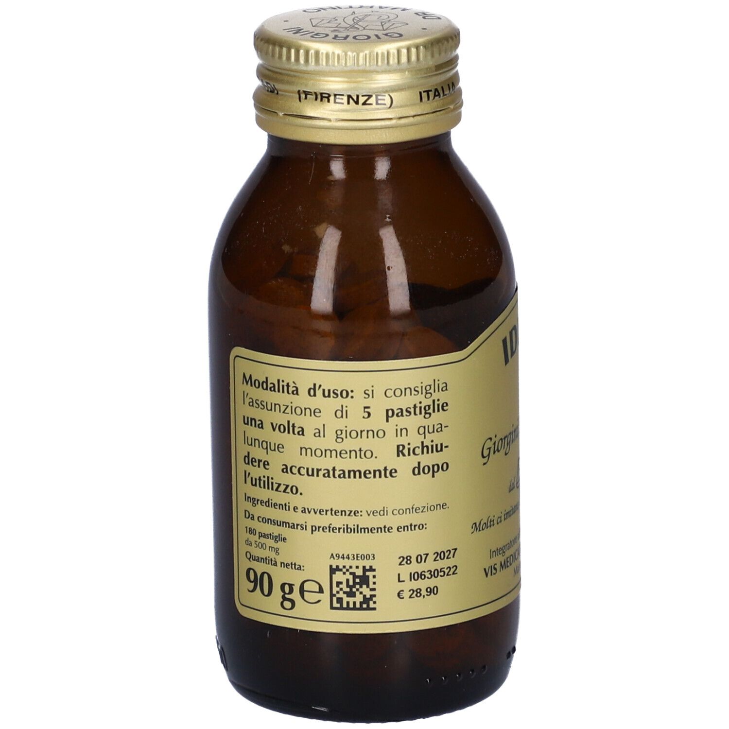 Flacone di vetro marrone con tappo dorato. Etichetta con informazioni sul prodotto e QR code. Compresse visibili.