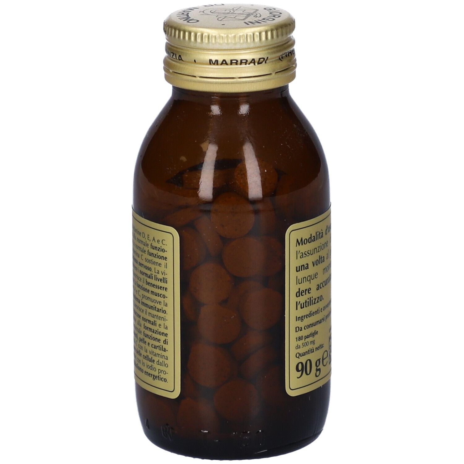 Flacone di vetro marrone con tappo dorato. Etichetta con informazioni sul prodotto. Compresse visibili.