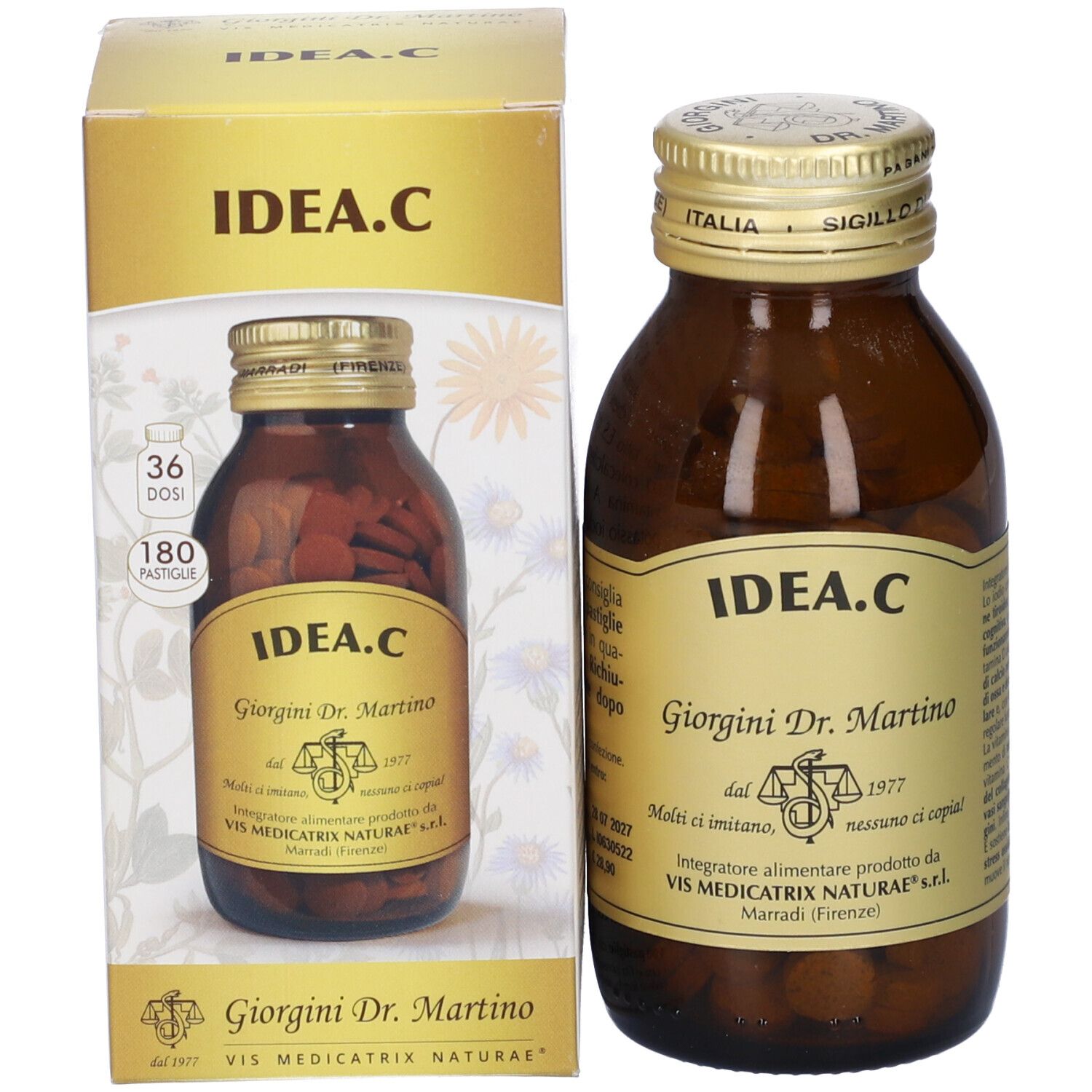 Flacone e confezione del prodotto. Flacone marrone con tappo dorato. Confezione con nome del prodotto.