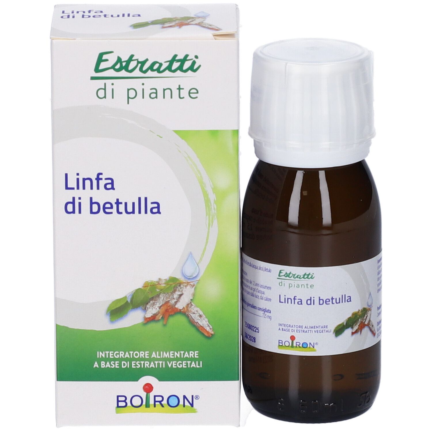 Confezione e flacone del prodotto: "Estratti di piante Linfa di betulla" di Boiron.