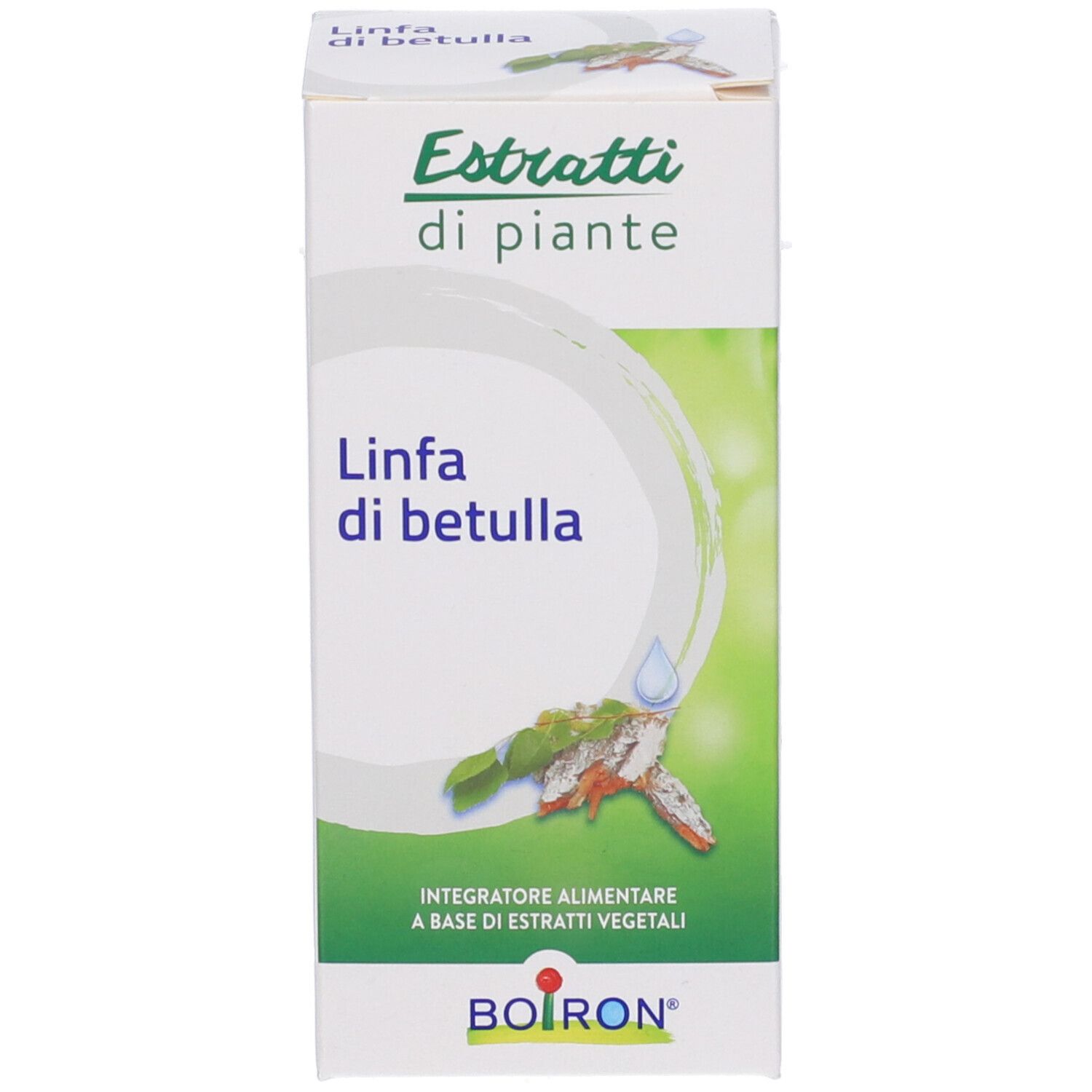 Confezione di "Estratti di piante Linfa di betulla" con accenti verdi e illustrazione vegetale.