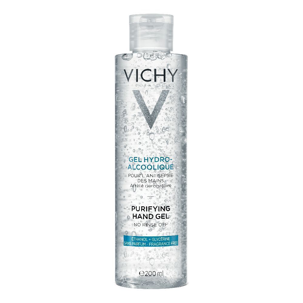 Flacone trasparente con etichetta blu e bianca. Scritta: VICHY, Gel Hydro-Alcoolique, Purifying Hand Gel.