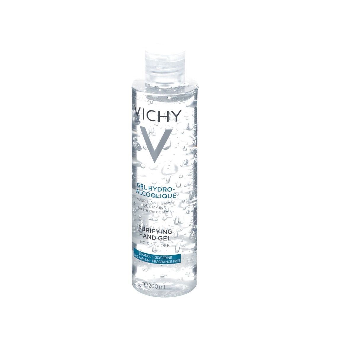 Flacone trasparente con etichetta blu e bianca. Scritta: VICHY, Gel Hydro-Alcoolique, Purifying Hand Gel.