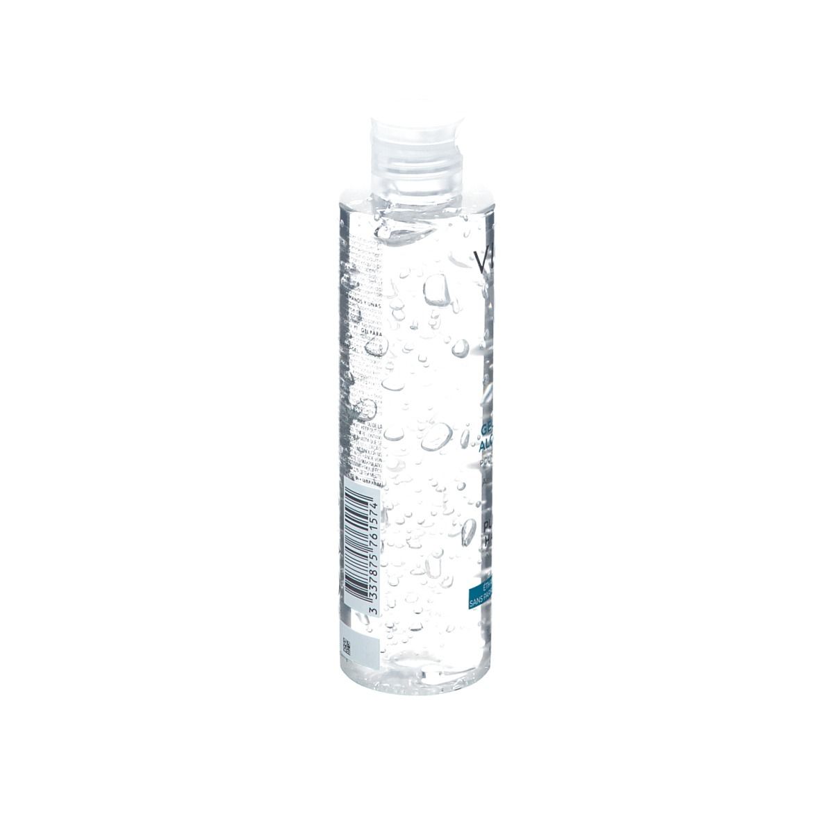 Flacone trasparente con etichetta blu e bianca. Scritta: VICHY, Gel Hydro-Alcoolique, Purifying Hand Gel.