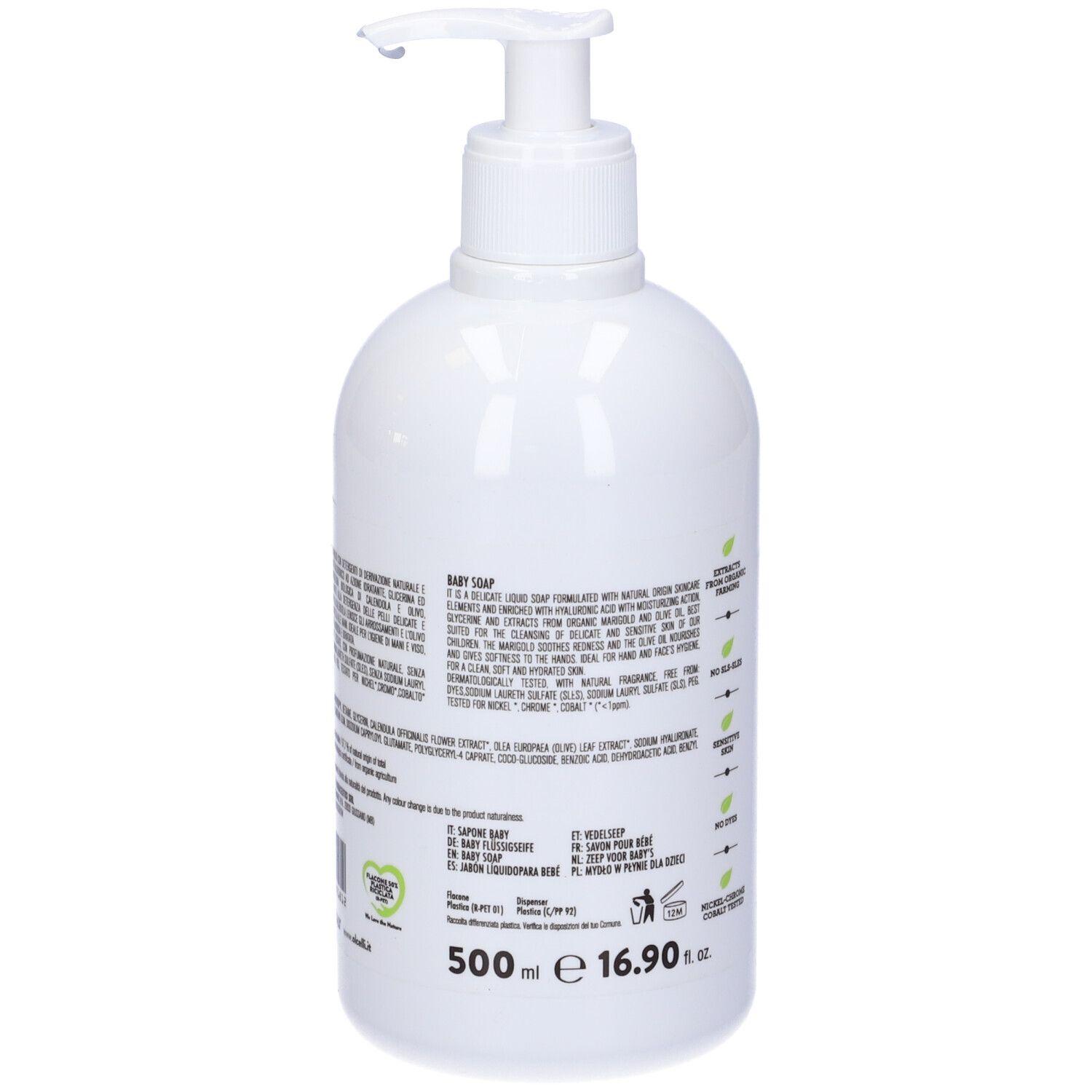Flacone bianco con dosatore. Retro con testo. Ingredienti, certificazioni e indicazione del volume.