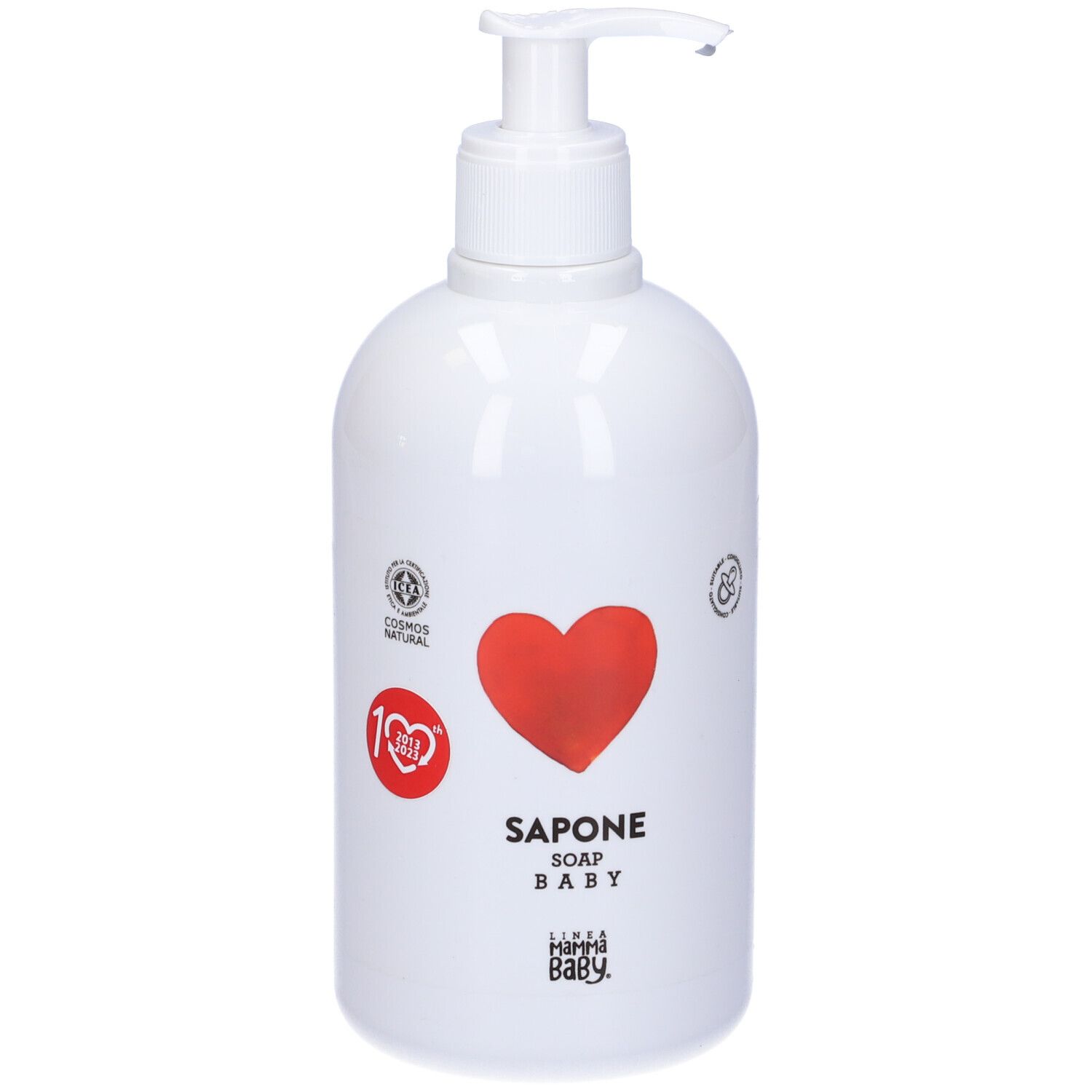Flacone bianco con dosatore. Cuore rosso e scritta 'SAPONE BABY'. Loghi e certificazioni.