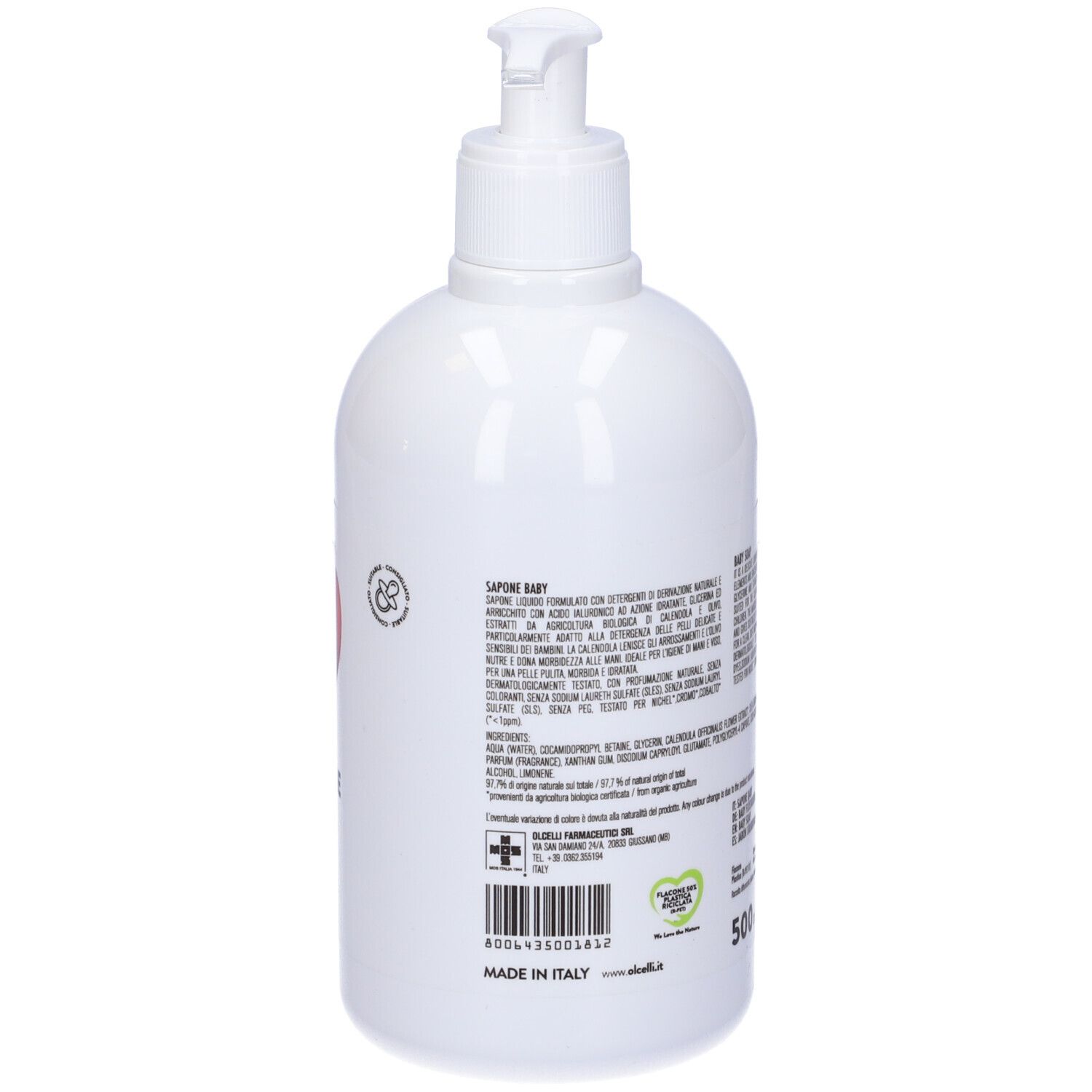 Flacone bianco con dosatore. Retro con testo. Ingredienti, certificazioni e indicazione del volume.