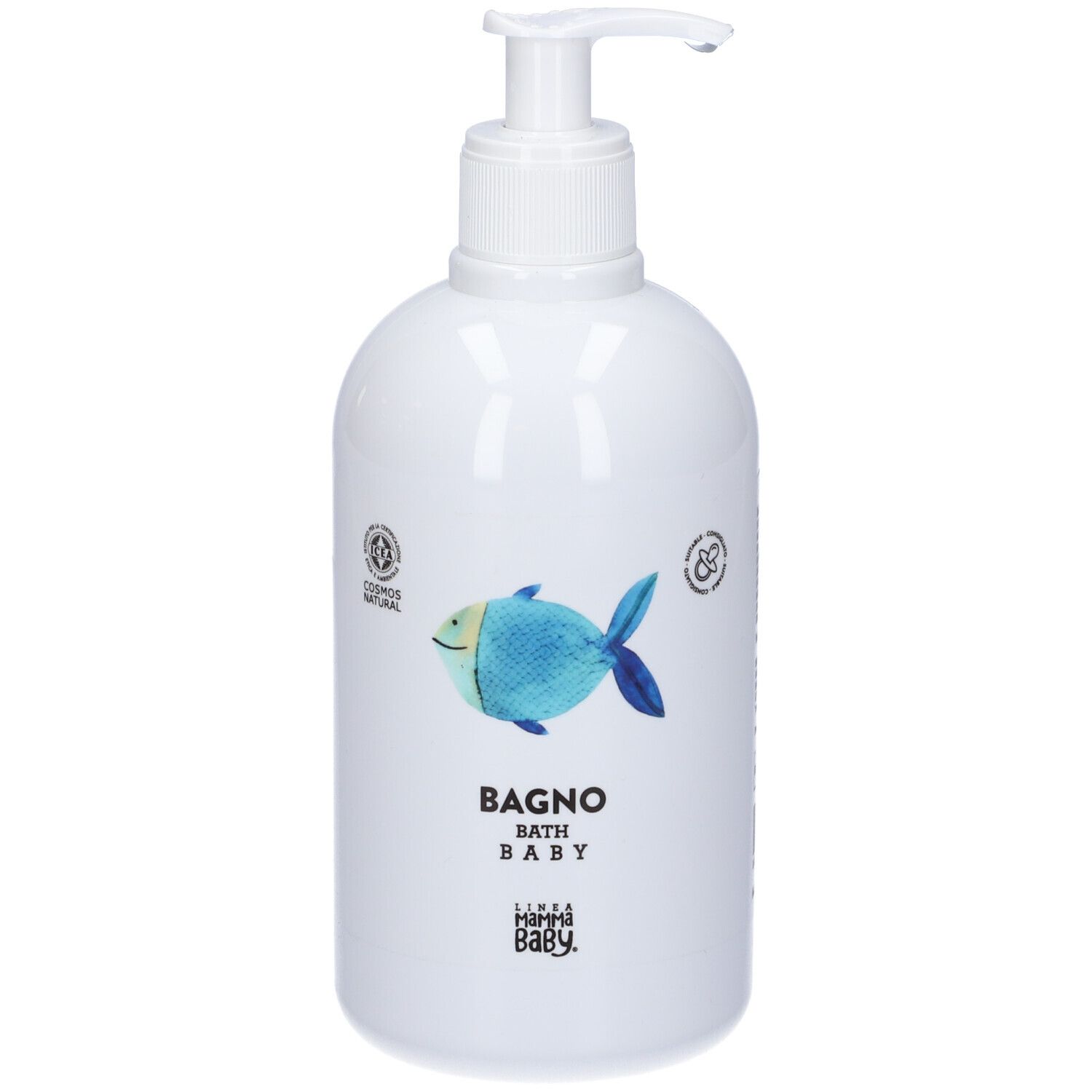 Flacone bianco con disegno di pesce blu. Scritta: BAGNO BATH BABY. Con dosatore. Certificazione Cosmos Natural.