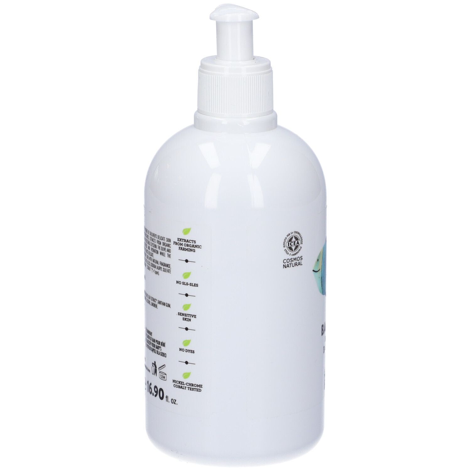 Retro flacone bianco. Testo con ingredienti e certificazioni. Certificazione Cosmos Natural. Con dosatore.