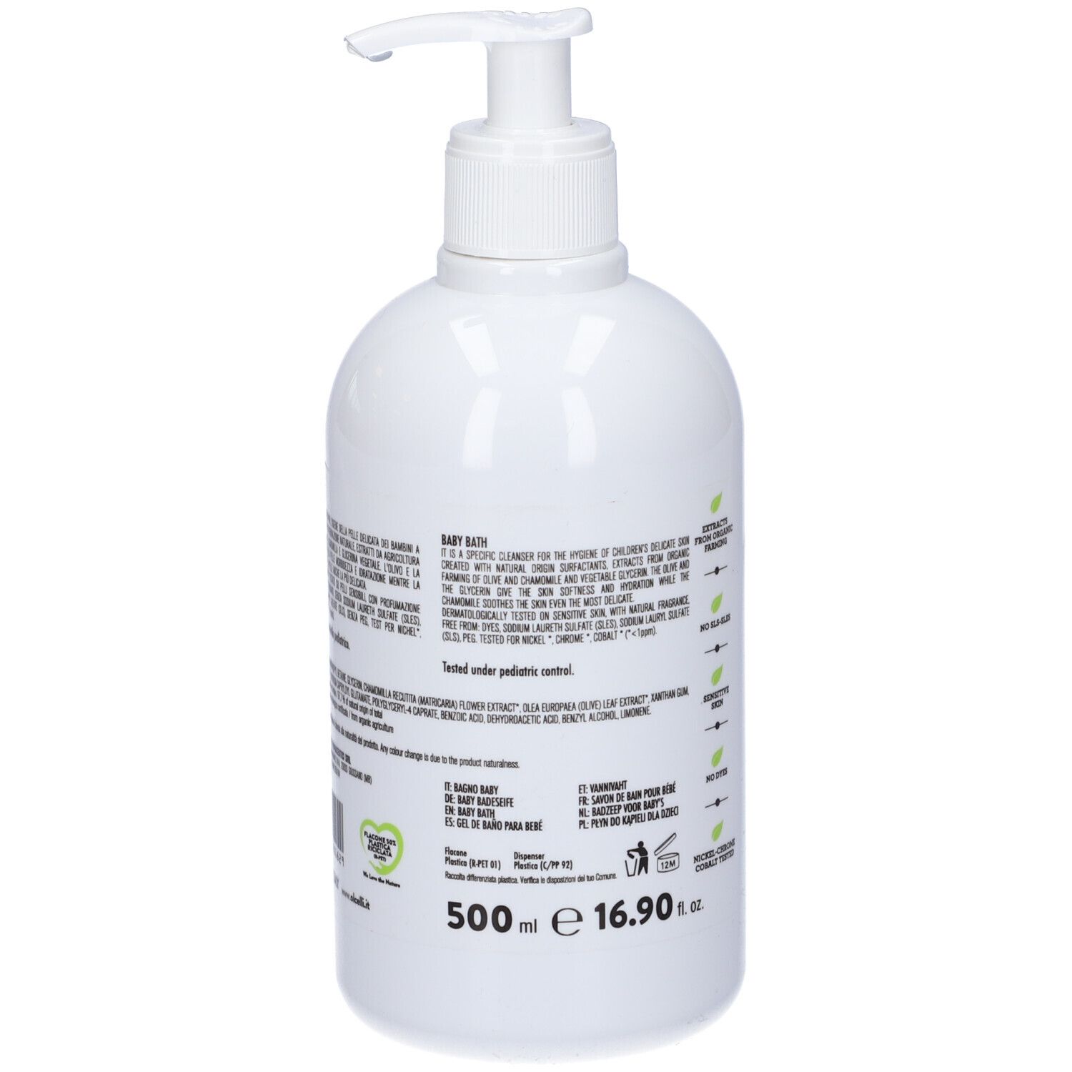 Retro flacone bianco. Testo con ingredienti e certificazioni. 500ml. Con dosatore.
