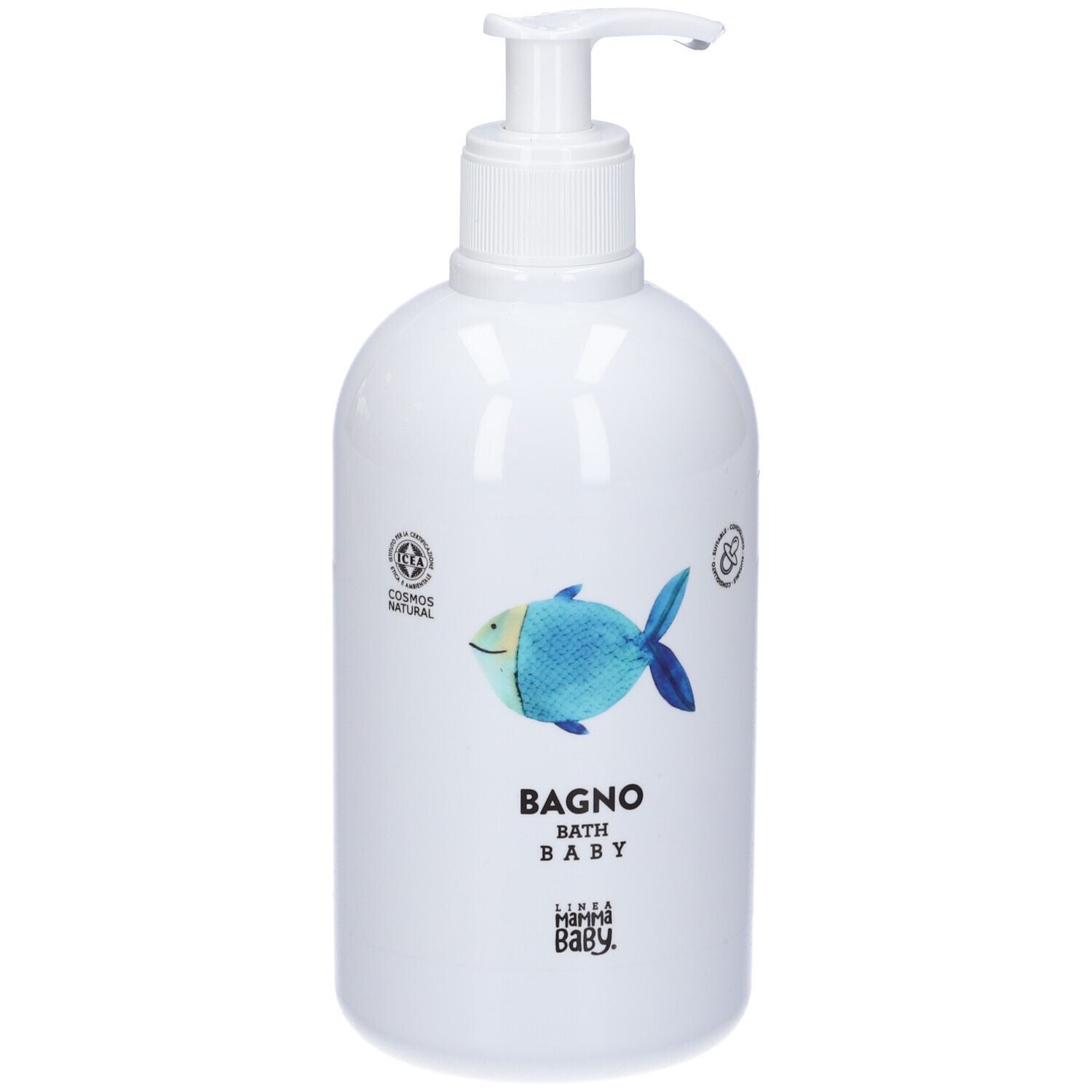 Flacone bianco con disegno di pesce blu. Scritta: BAGNO BATH BABY. Con dosatore. Certificazione Cosmos Natural.